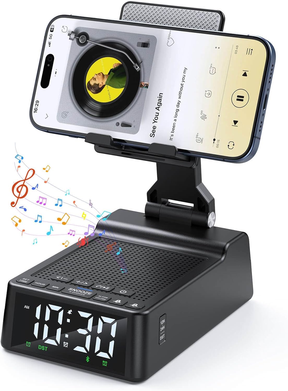 Gift for Women Men, Cell Phone Stand with Wireless Bluetooth Speaker and Alarm Clock Adjustable Cellphone Holder Cool Gadget for Home Office, HD Stereo Subwoofer Sound Fits for All Phones Tablets