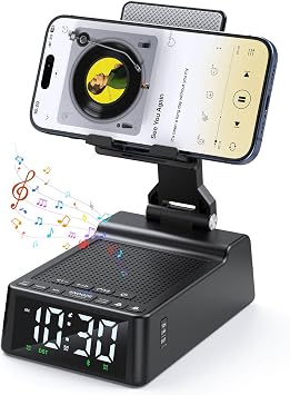 Gift for Women Men, Cell Phone Stand with Wireless Bluetooth Speaker and Alarm Clock Adjustable Cellphone Holder Cool Gadget for Home Office, HD Stereo Subwoofer Sound Fits for All Phones Tablets
