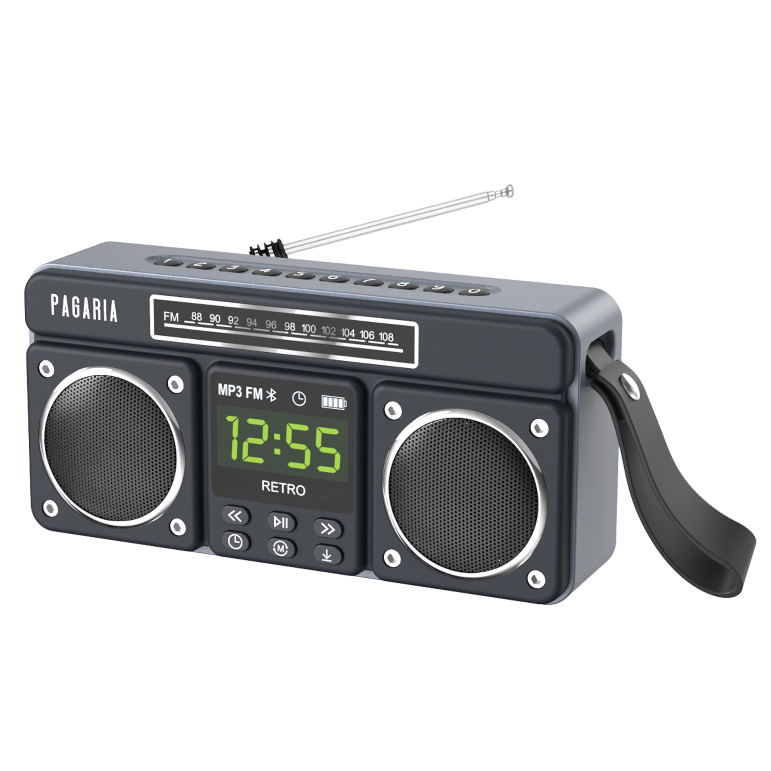 PAGARIA New Retro Portable FM Radio with 10 Watts Sound, Bluetooth Recording, Alarm Clock, USB/TF Card, Detachable External Antenna, Earphone & Aux Port (Black)