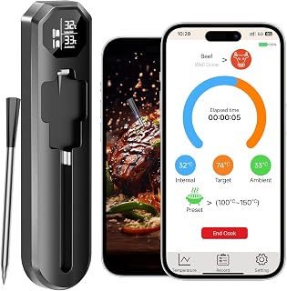 Bluetooth Wireless Meat Thermometer Digital with Smart App, 527°F Heat Resistant Probe, IP67 Waterproof, Ultra-Thin Probe, Food Thermometer for BBQ, Oven, Grill, Air Fryer and Smoking