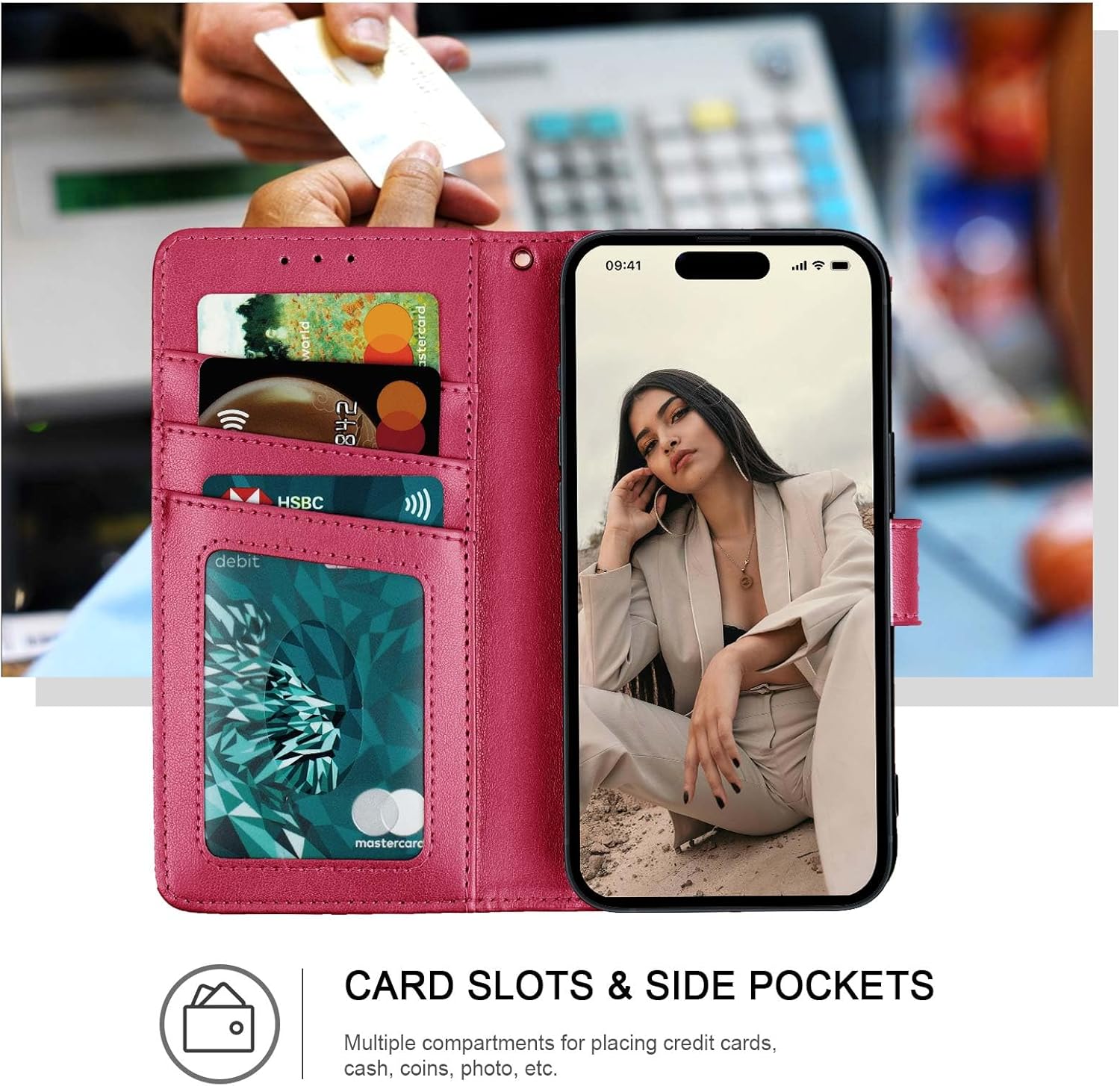 Wallet Case for iPhone 15,[RFID Blocking] 3 Card Holder with Credit Card Slot Magnetic Protective Flip Leather Cover for iPhone 15 (Red) - Image 2