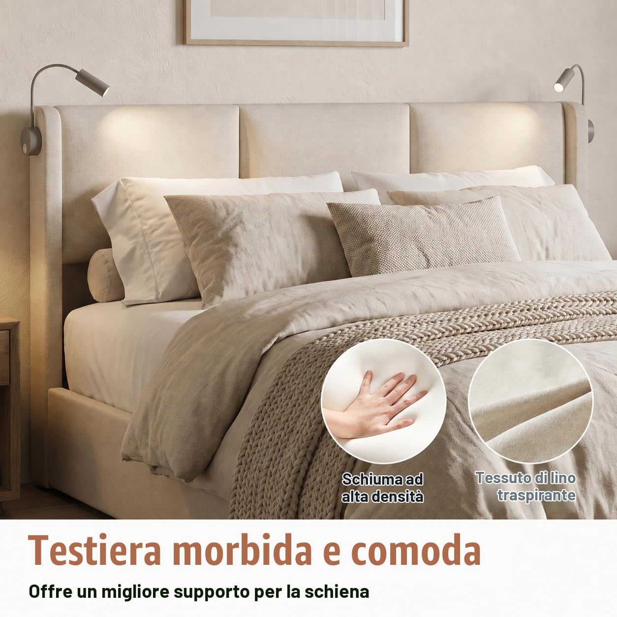 PerGar Letto contenitore matrimoniale 160x200 cm, Letto baule con luce di lettura, testiera doppia, Struttura Letto King Size con Alzata a Gas Idraulica, Letto Imbottito, senza materasso,lino, beige