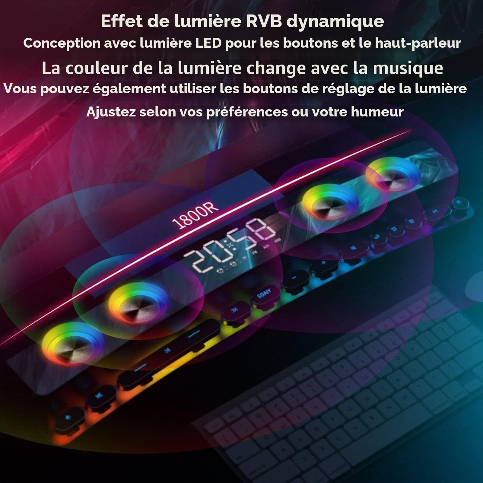 Bewinner Haut-Parleur d'ordinateur - Bluetooth 5.0 Hi-Fi Stereo, Subwoofer RGB Multifonctionnel, 19 cm, Noir