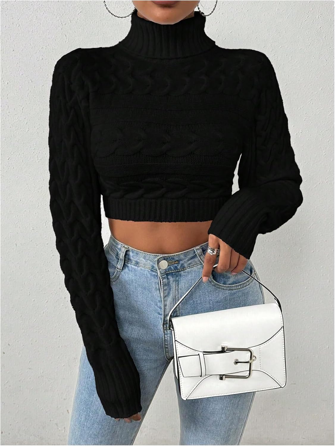 OYOANGLE Women's Cable Knit Turtleneck Sweater Long Sleeve Fitted Cropped Sweaters - Image 4