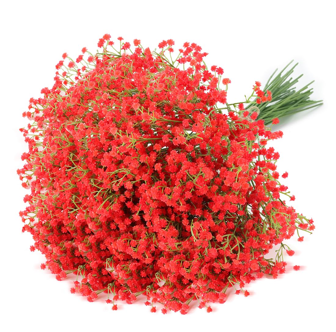 Uhky 6 Pcs Artificial Baby Breath Gypsophila Flowers Bouquets Real Touch Flowers for Wedding Party DIY Wreath Floral Arrangement Home Decoration (Red)
