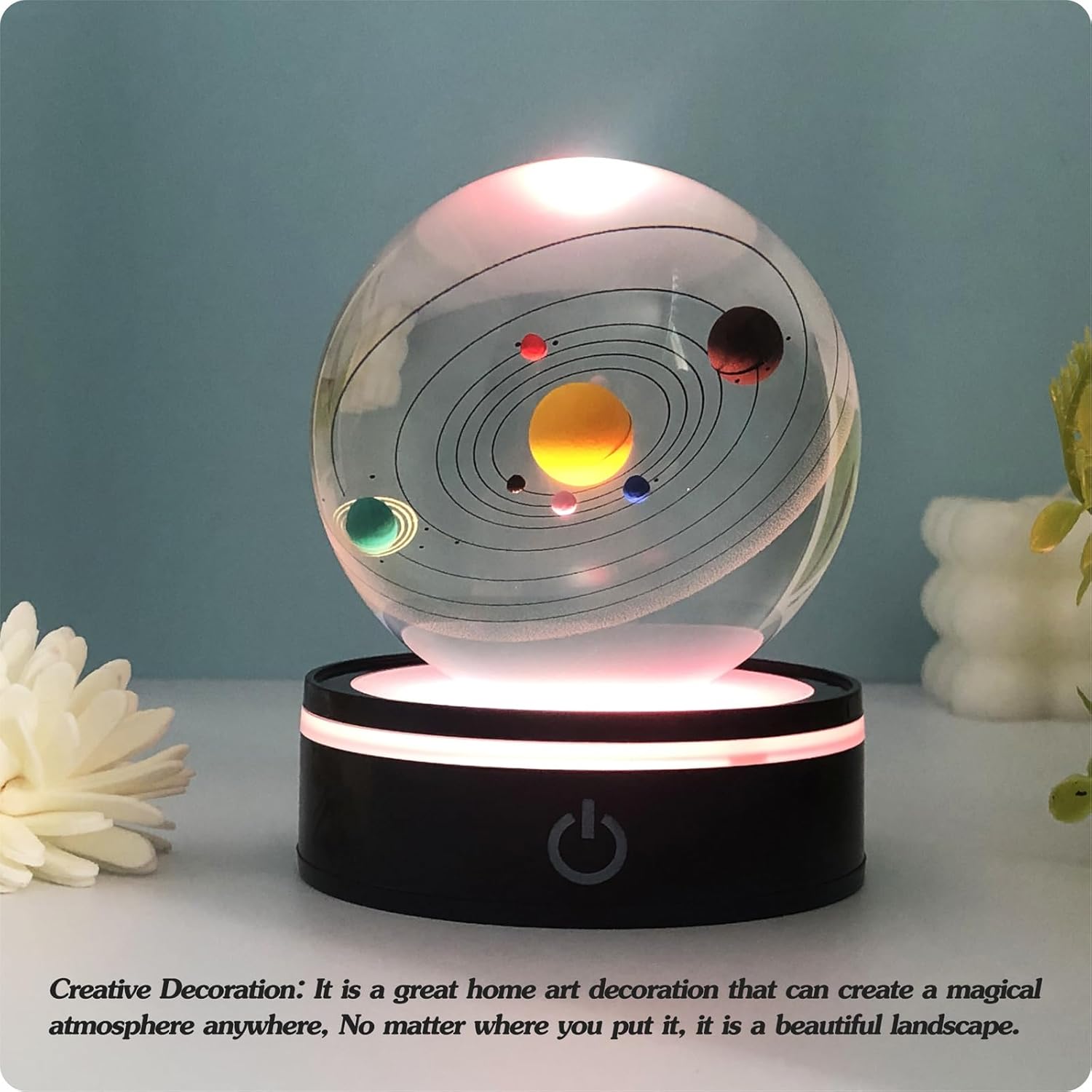 3D Solar System Model Crystal Ball with LED Light Display Base for Outer Space Astronomy Gift, Men, Dad, Physics Science Teacher Unique Birthday Present LED Ornament Lamp