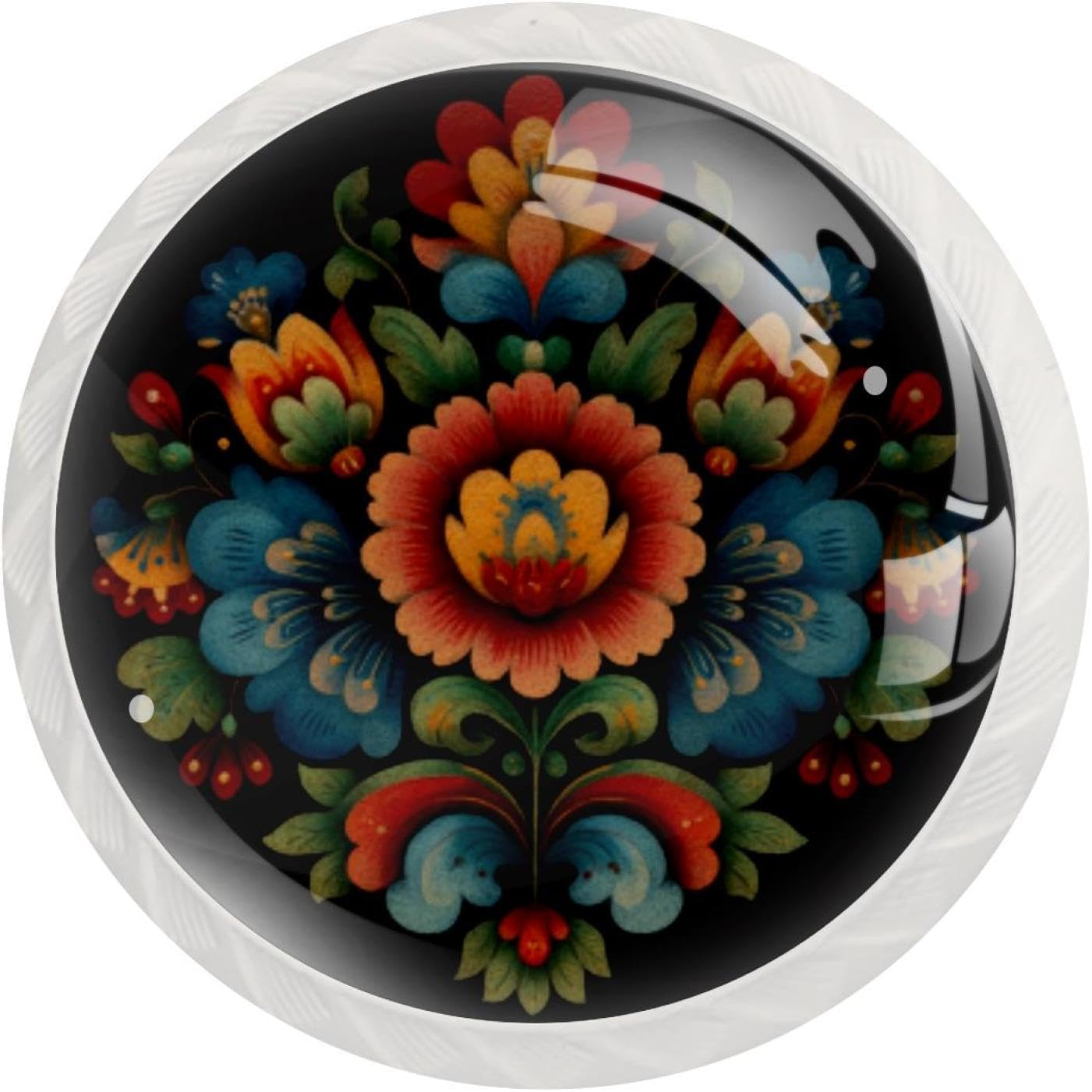 Black Norwegian Rosemaling Folk Style Flower (24) Decorative Cabinet Knobs, Crystal Glass Drawer Pulls with Screws for Kitchen Bathroom Dresser Cupboard Wardrobe