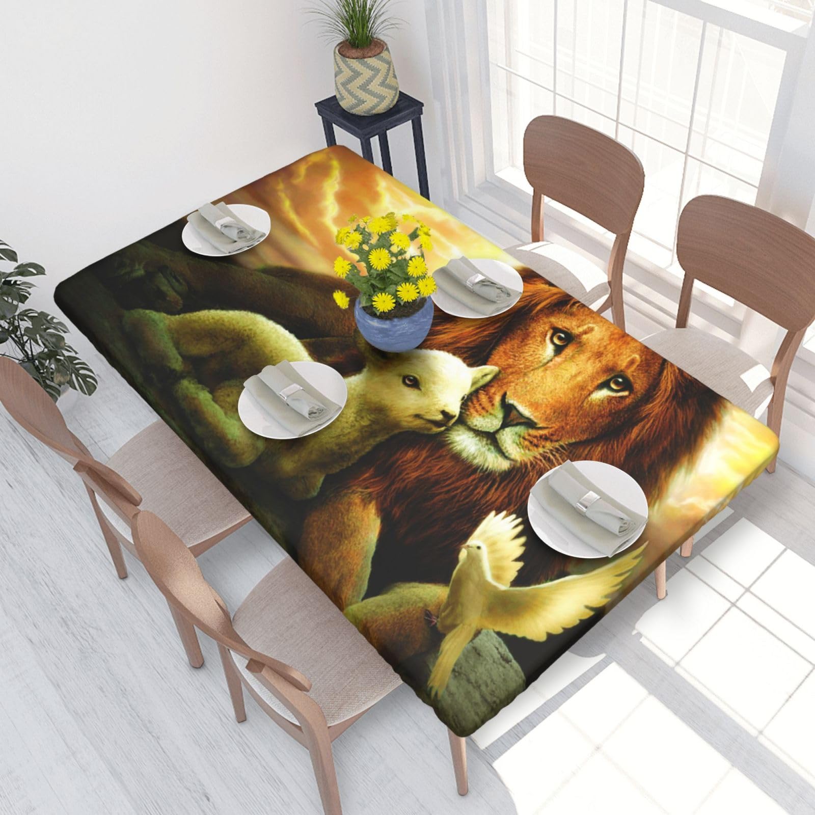 BNVSADC Sunset Lion Lamb Bird Printed 4FT Tablecloth 122x76 CM Polyester Kitchen Water Resistant Table Cloth Dining Table Decoration Table Covers
