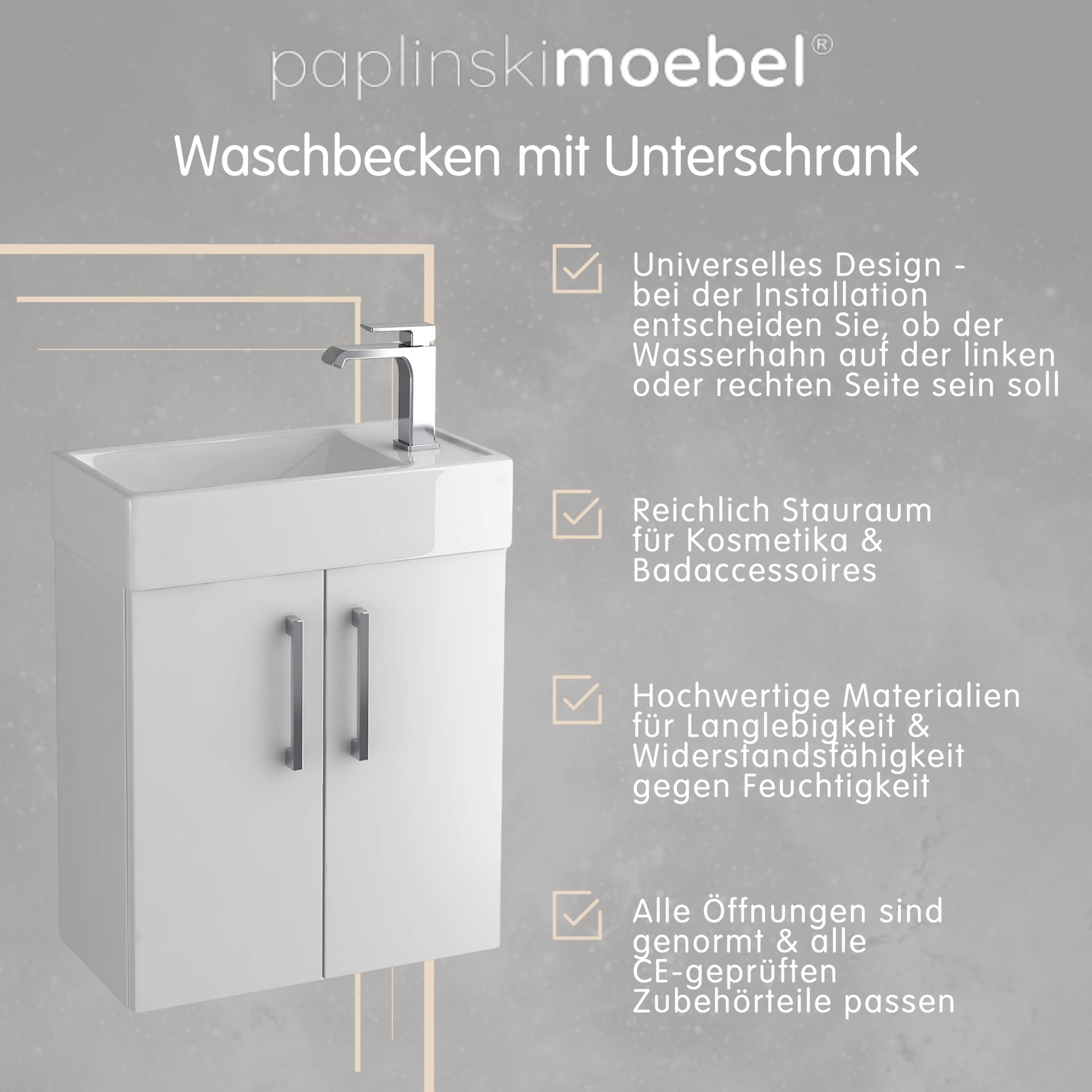 Waschbecken mit Unterschrank 41 x 50 x 21.5 cm (BxHxT) Majorka, Badezimmerschrank hängend, Waschtisch mit Unterschrank, Badezimmermöbel für Gäste WC, Waschbeckenunterschrank - Grau
