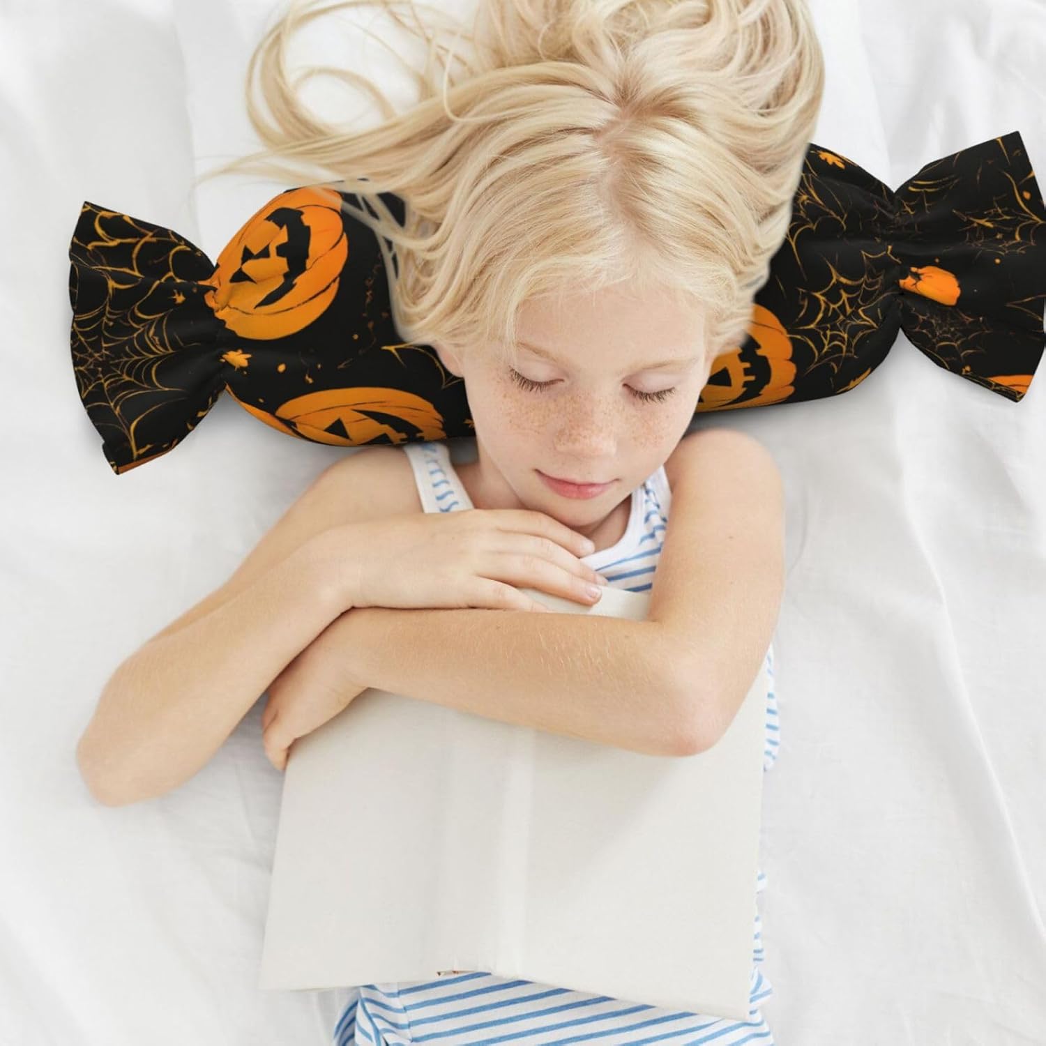 Halloween Pumpkin Print Candy Cylindrical Pillow Eco-Friendly Round Bolster Bedroom Travel Versatile Use