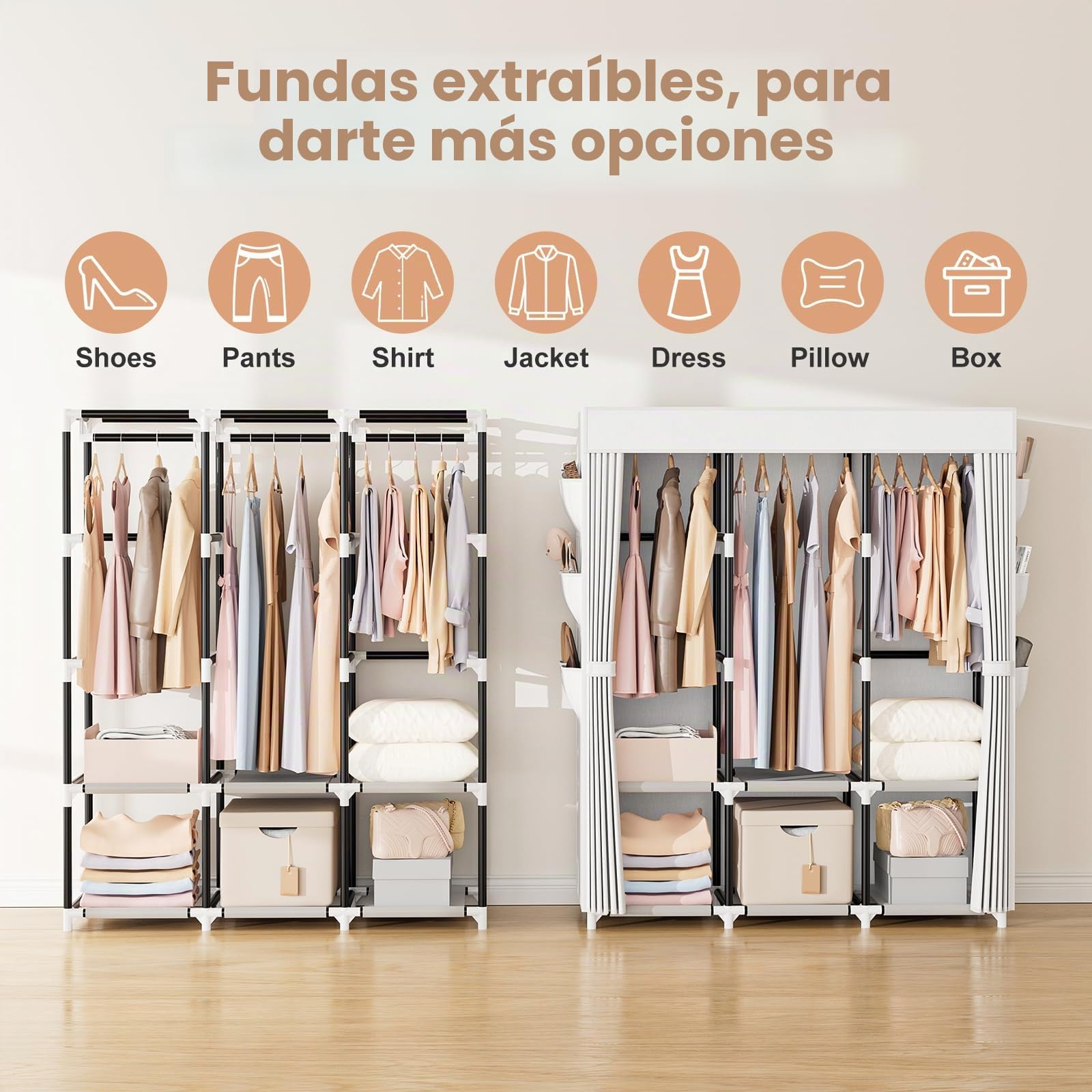 Vicye Armario de Ropa, Armario de Tela, armarios con Tapa, 3 Barras para Colgar, 6 estantes de Almacenamiento y Bolsillos Laterales, Tubo de Metal de 19 mm de diámetro, para Dormitorio, Blanco