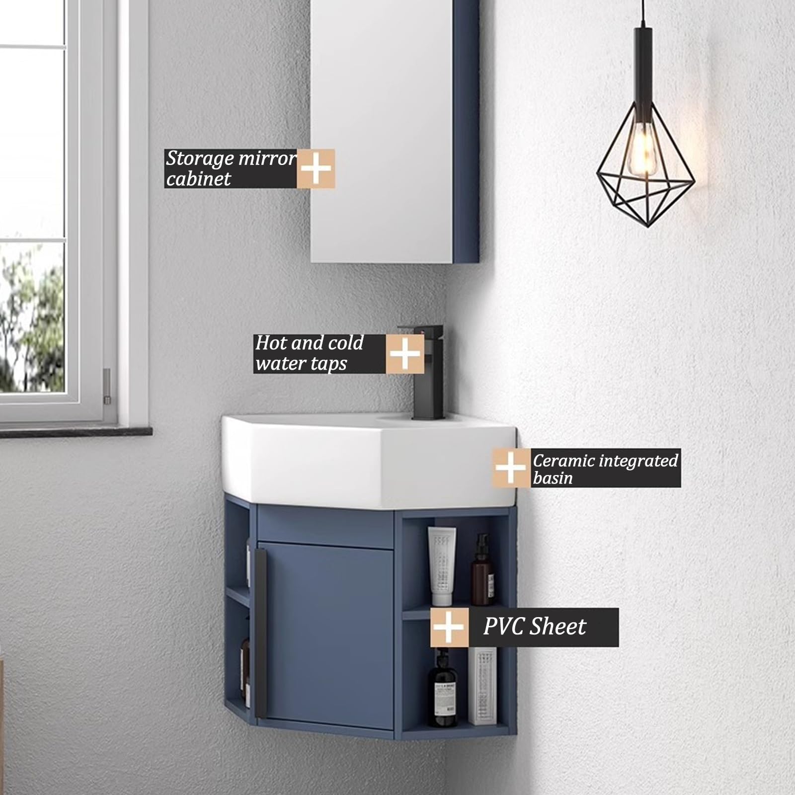 Waschtisch mit Unterschrank Eckwaschbecken mit Unterschrank Spritzwassergeschütztes Design, Große Speicherkapazität, Wandmontiertes Keramik Waschbecken für Kleine Räume(45cm)