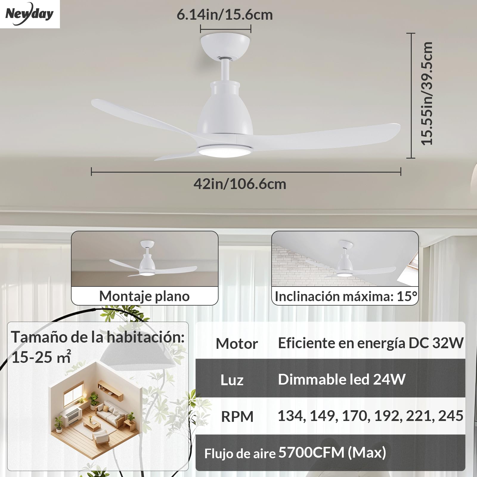 Newday Ventilador de Techo con Luz Blanco, 106cm Lampara Ventilador Techo con Mando a Distancia, LED Dimmer sin Pasos, 7 Modos de Velocidad, Función de Memoria, Motor DC Reversible Silencioso, 3 Aspas