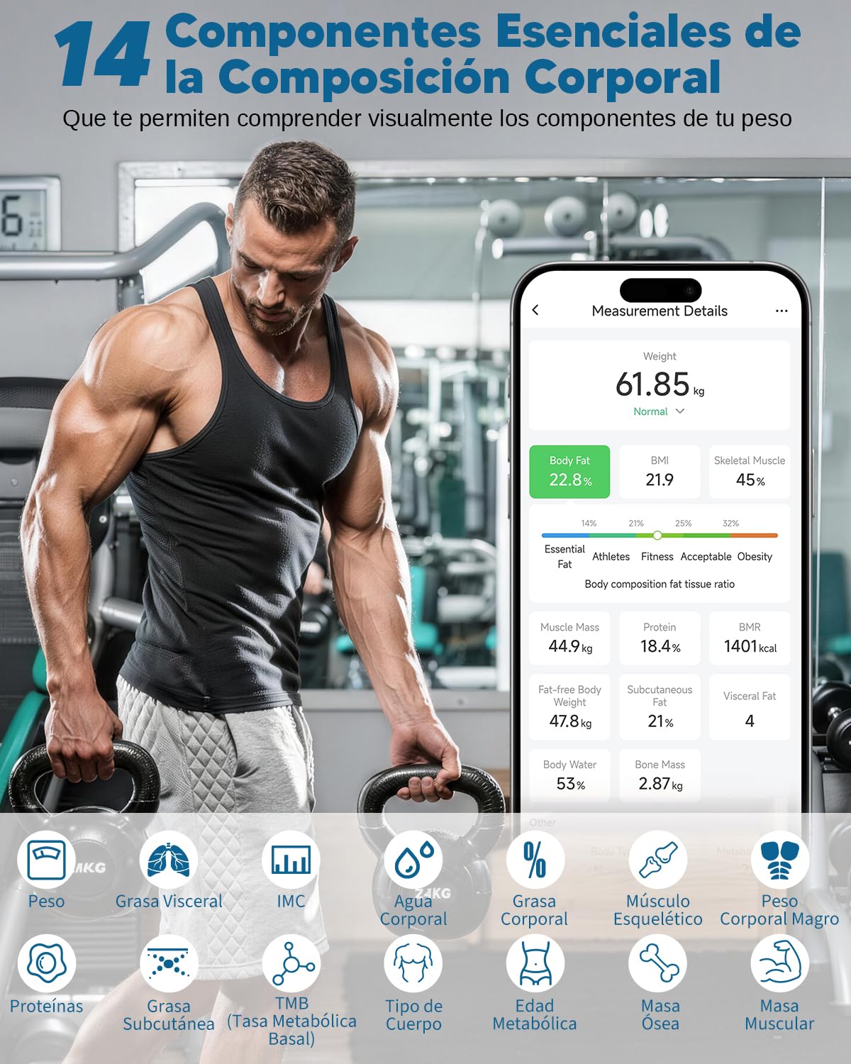 arboleaf Báscula de Baño Inteligente, Bascula Grasa Corporal y Muscular con APP, Bascula Bioimpedancia Tecnología BIA de 4 Electrodos con 14 Parámetros, Recargable por USB-C, Capacidad 180kg