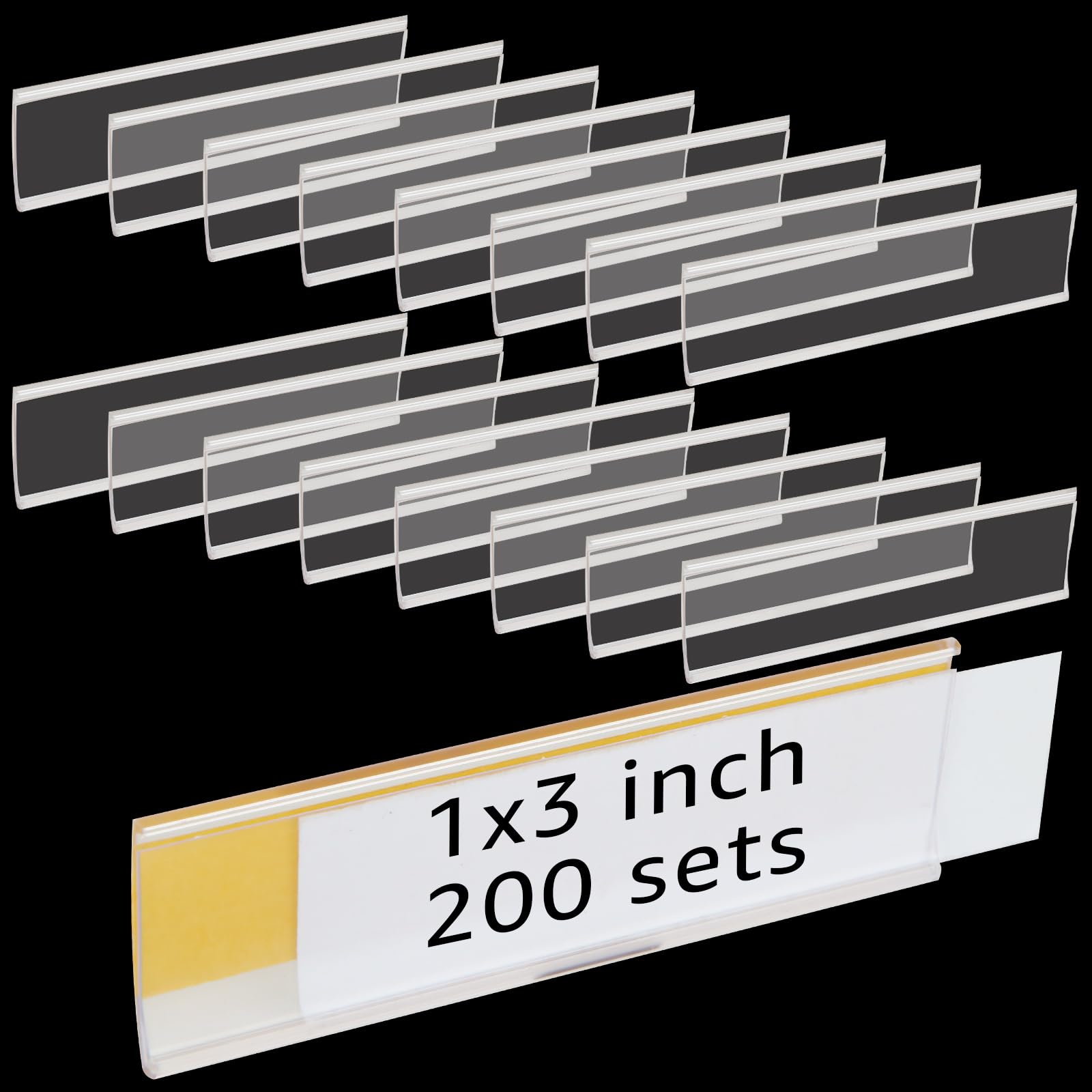 Photo 1 of 200 Pcs 3 x 1 Inch Self Adhesive Label Holders with Paper Label Inserts, Clear Shelf Tag Label Holders Adhesive Shelf Labels for Supermarket Bookshelf Mailbox Storage Bins