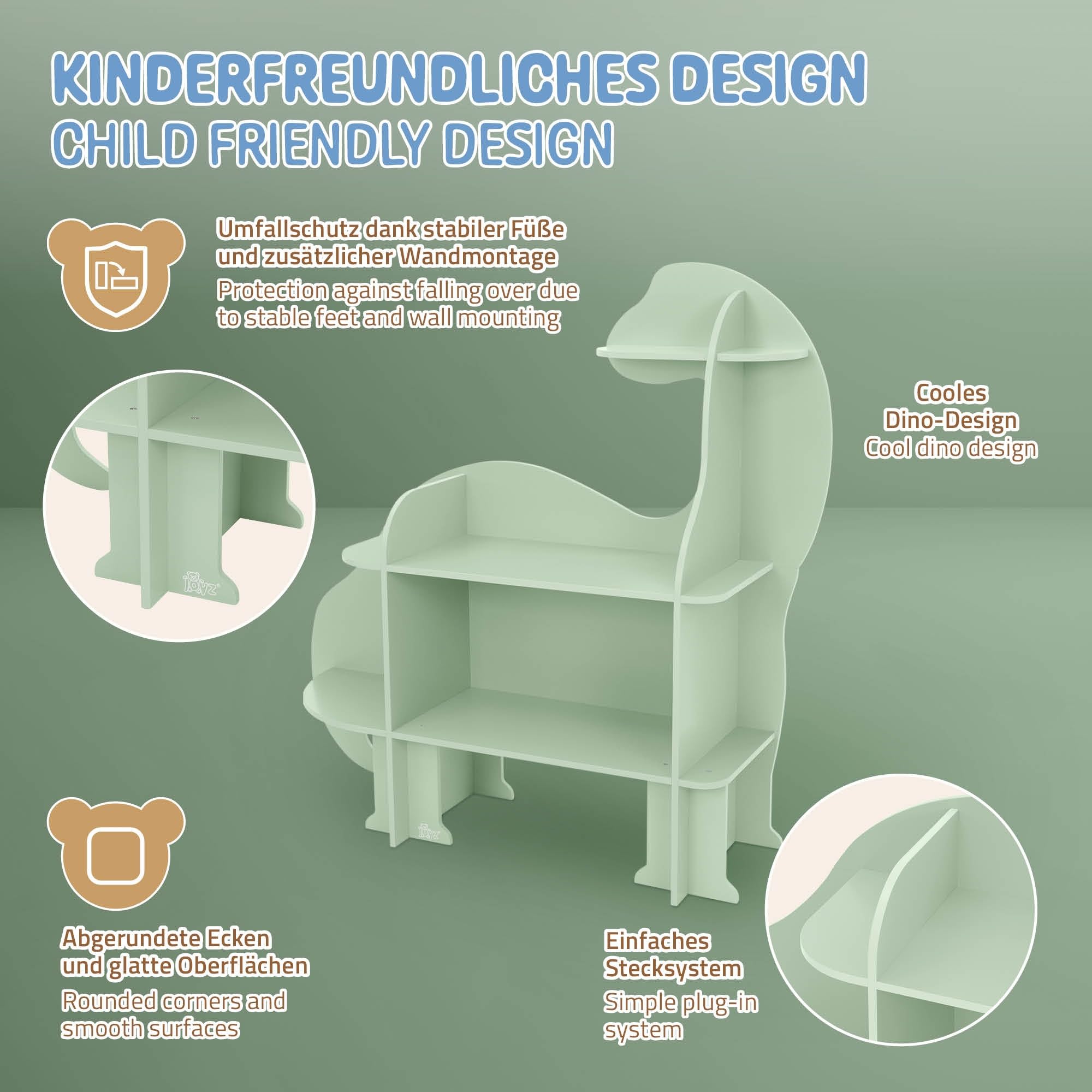 Joyz Étagère pour Enfants 3 Niveaux, Dinosaure, Étagère à Jouets en Bois avec Compartiments Ouverts, 110x31x110 cm, Étagère Murale à Livres, Meuble de Rangement pour Chambre d'enfant