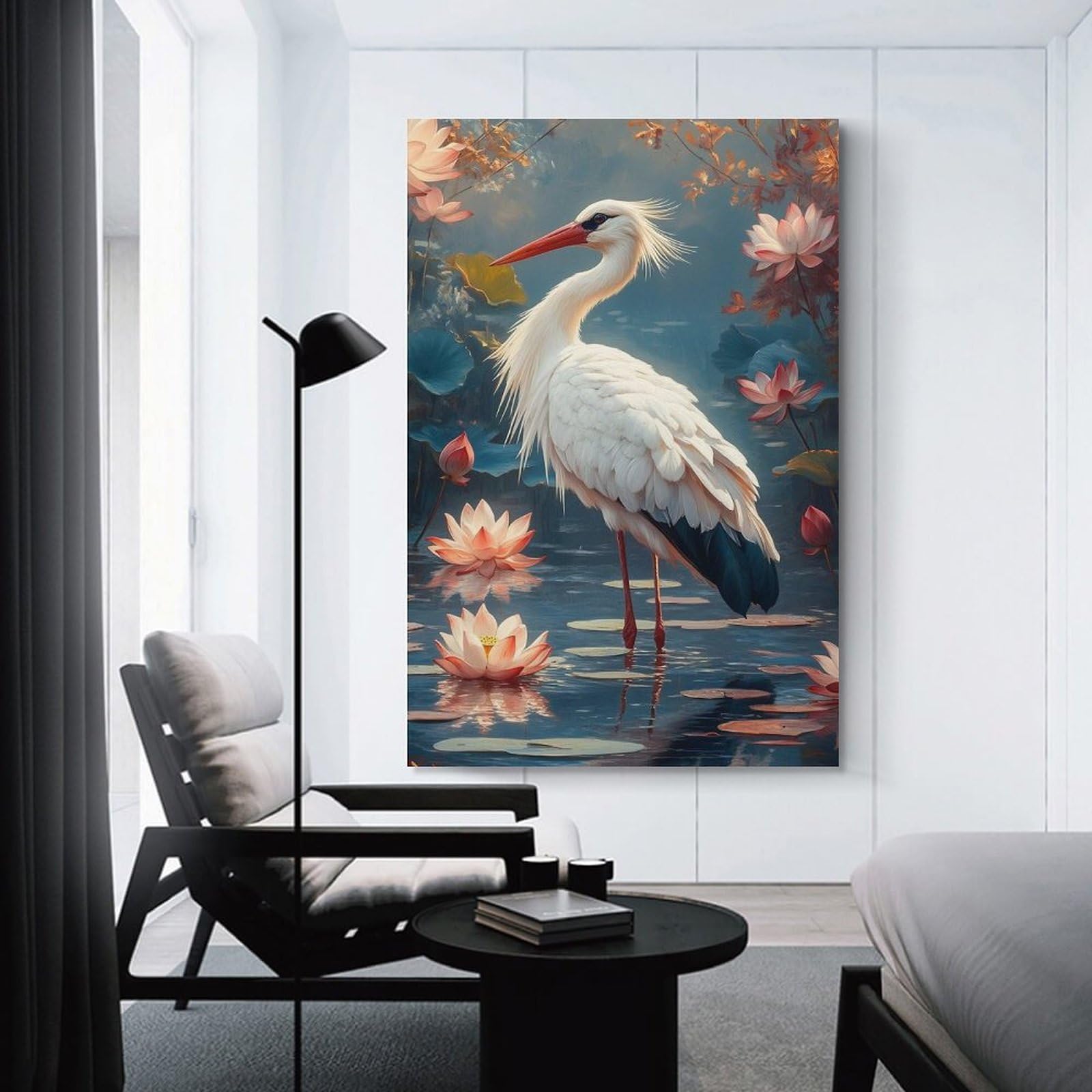 Junmoney Unframe-Style-6 Stork In Lotus Pond Hanging Wall Art, 12X18inch(30X45cm), For Entrance Walls, Hall Decor Or Foyers, Wall Decor To Refresh Empty Corners