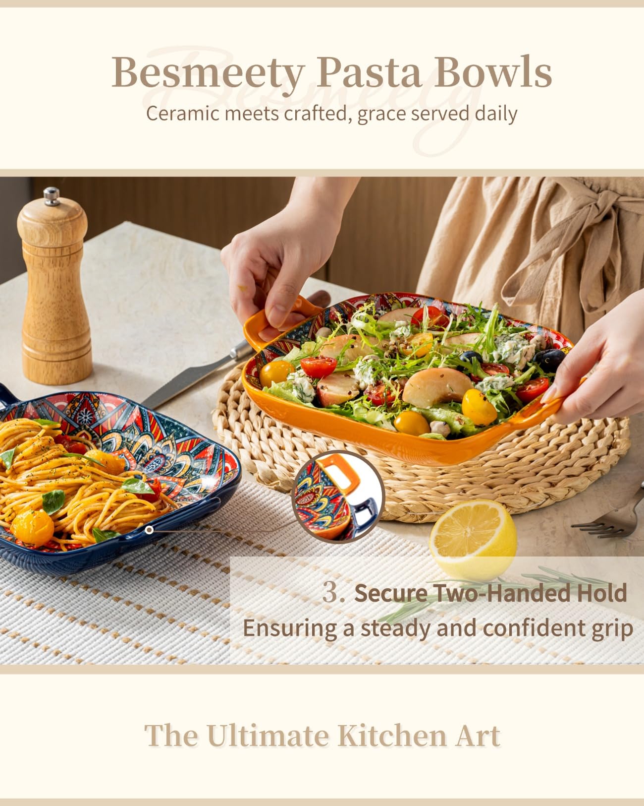 Besmeety Pastateller mit Griff 2 er Set, 18cm Porzellan Suppenteller, Servierschale, Servierschüssel Tiefe Teller Set (Orange+Blau)