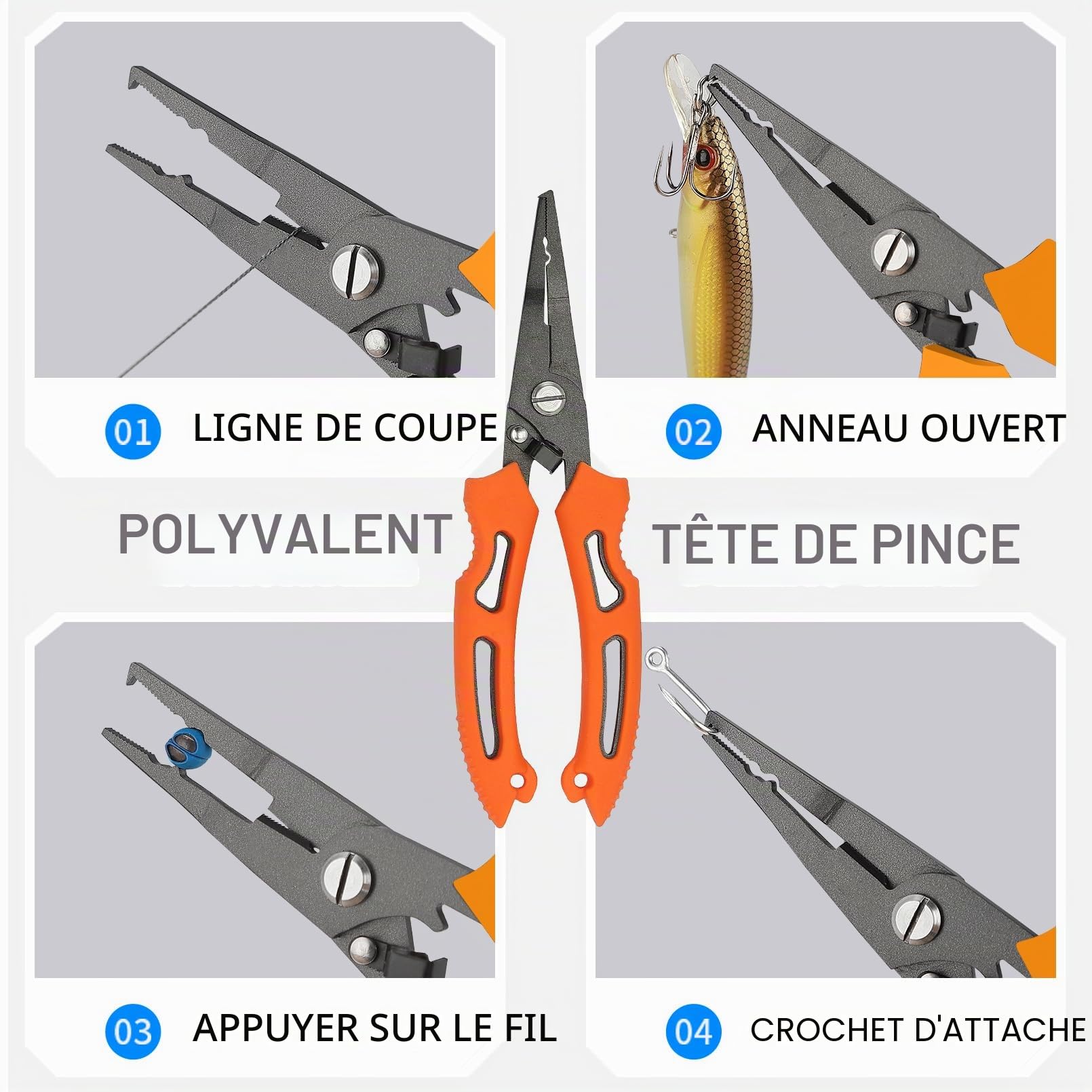 Croch Ensemble d'outils de pêche - Pince de pêche multifonction pour couper, desserrer les crochets, sertir et ouvrir les anneaux - Résistant à la corrosion, poignée antidérapante, tueur de poissons