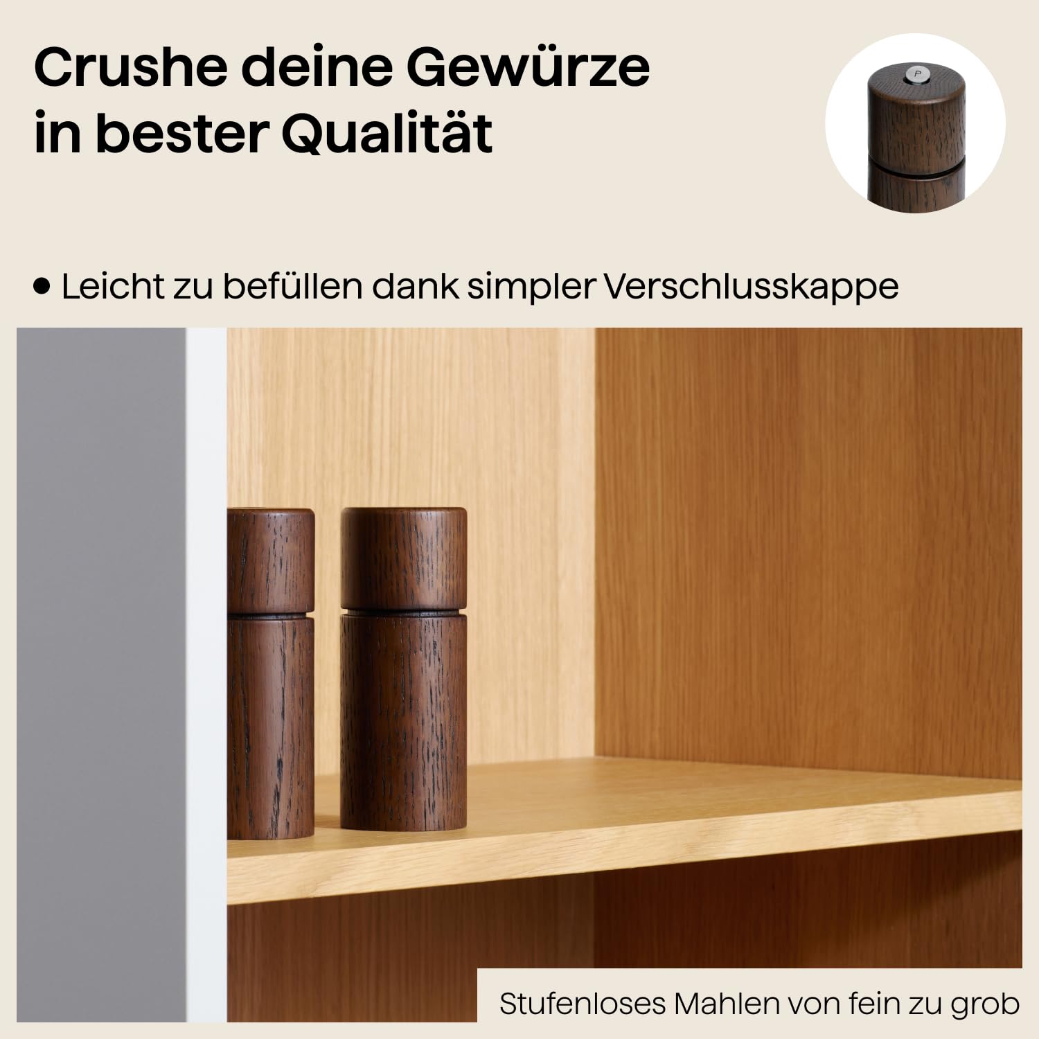 Crushgrind Bergen Gewürzmühle aus Holz mit Keramikmahlwerk | Salz und Pfeffermühle mit verstellbaren Mahlgrad für grobes Salz | Kräutermühle aus hochwertigen, nachhaltigen Materialien (Oak)