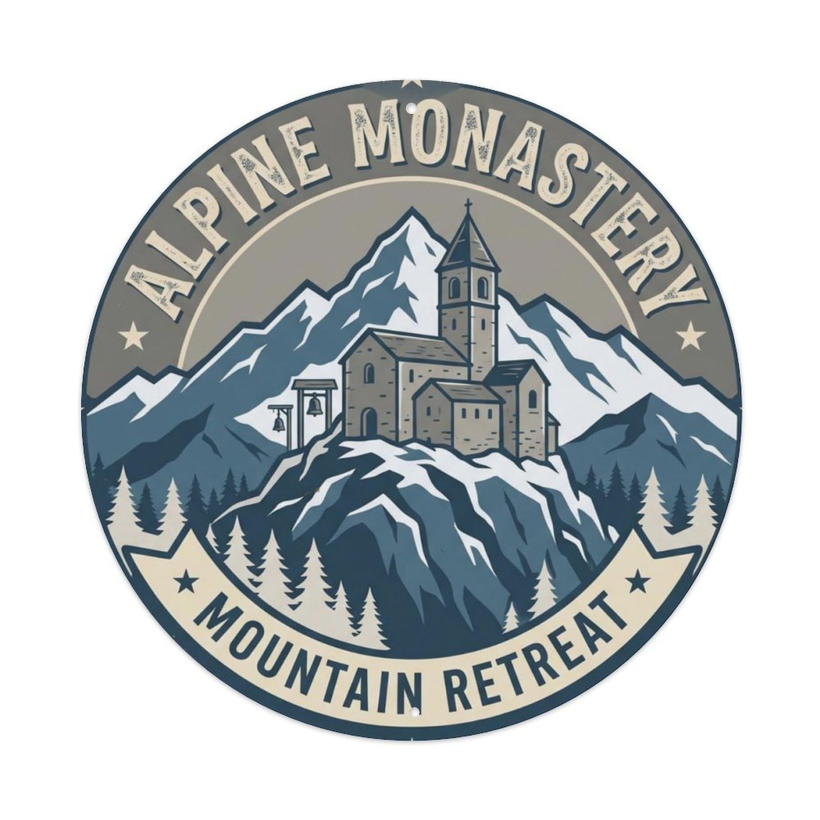 Monastery Mountain Retreat Alps Sanctuary Metal Tin Sign Plaque Wall Decor for Cafe, Club Bar, Office, Home Garden Round Metal Poster 8x8Inch