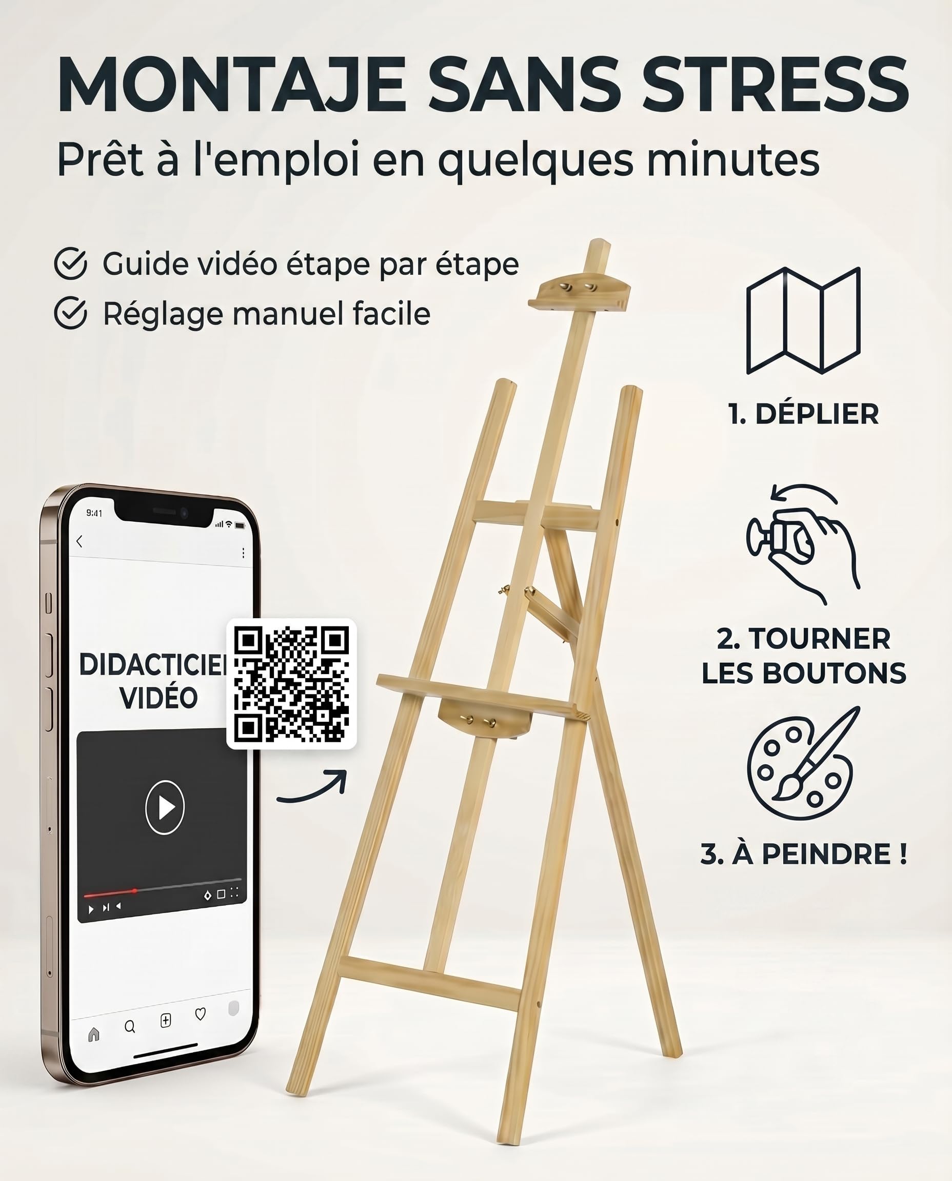 Chevalet Peinture, Pliable en Bois de Pin, 175 cm