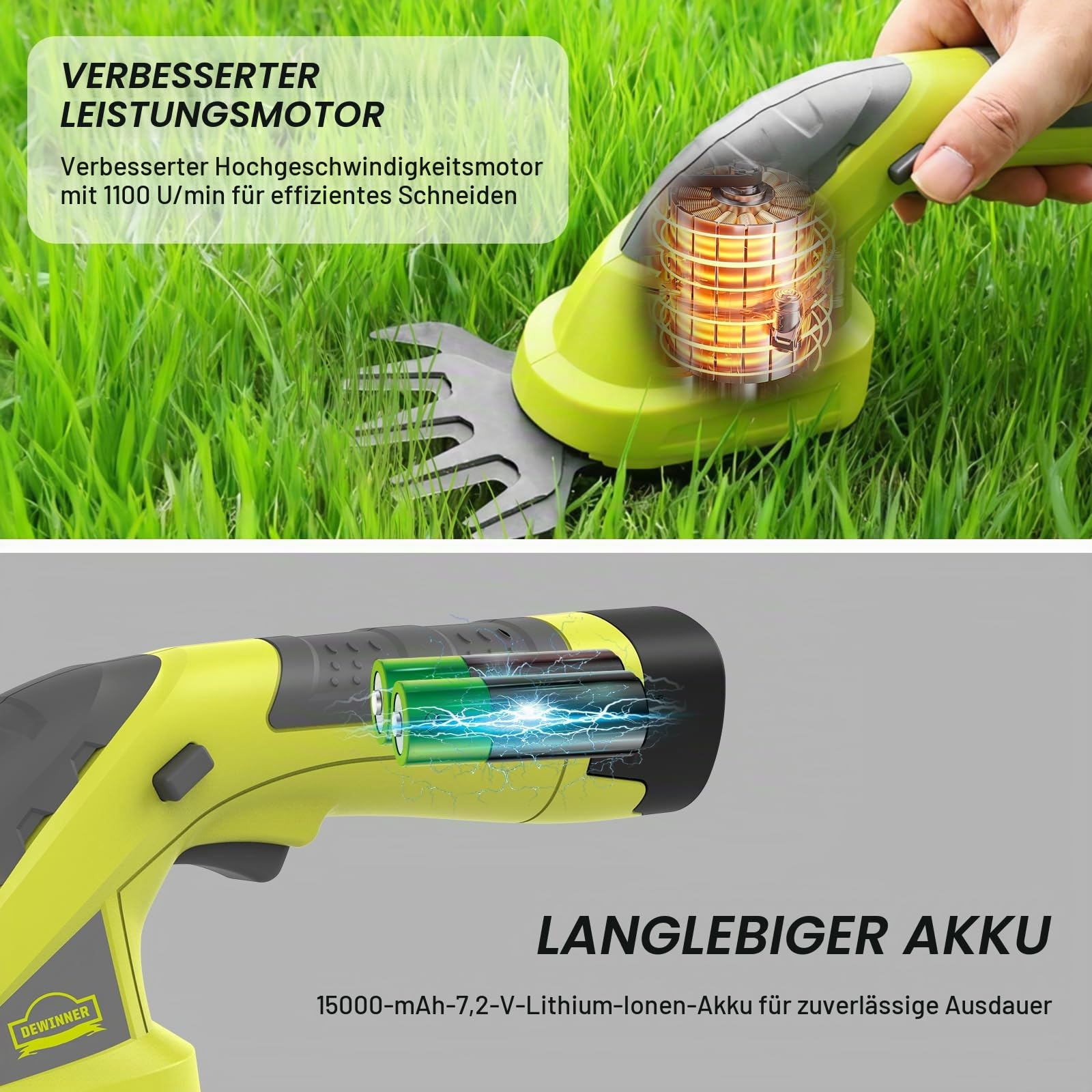 DEWINNER Akku Gras- und Strauchschere, 7,2 V 1,5 Ah Lithium, 170 mm Schnittlänge,Messerabstand 100 mm,Strauchschere Grasschere