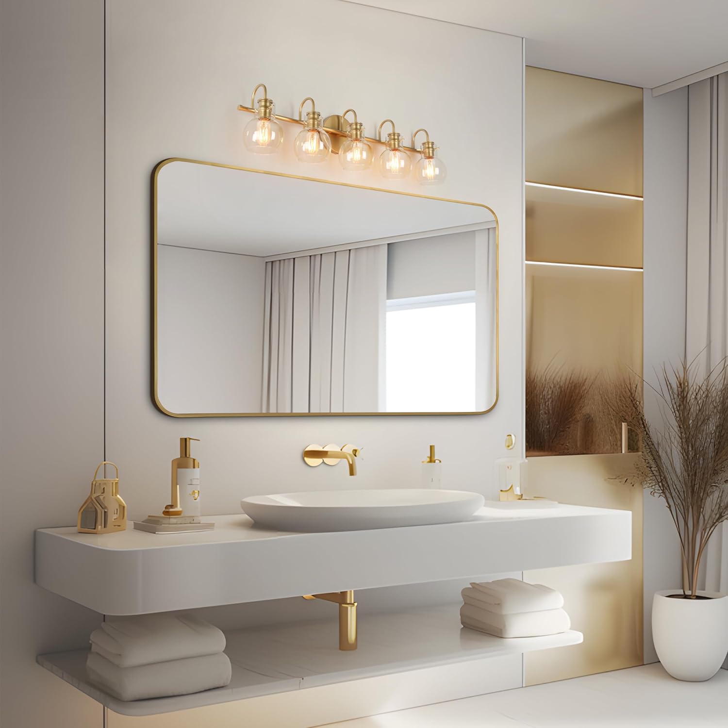 KSANA Bathroom Vanity Light, 5-Light Large Gold Wall Light Fixtures, Modern Vanity Lights Over Mirror with Globe Clear Glass Shades