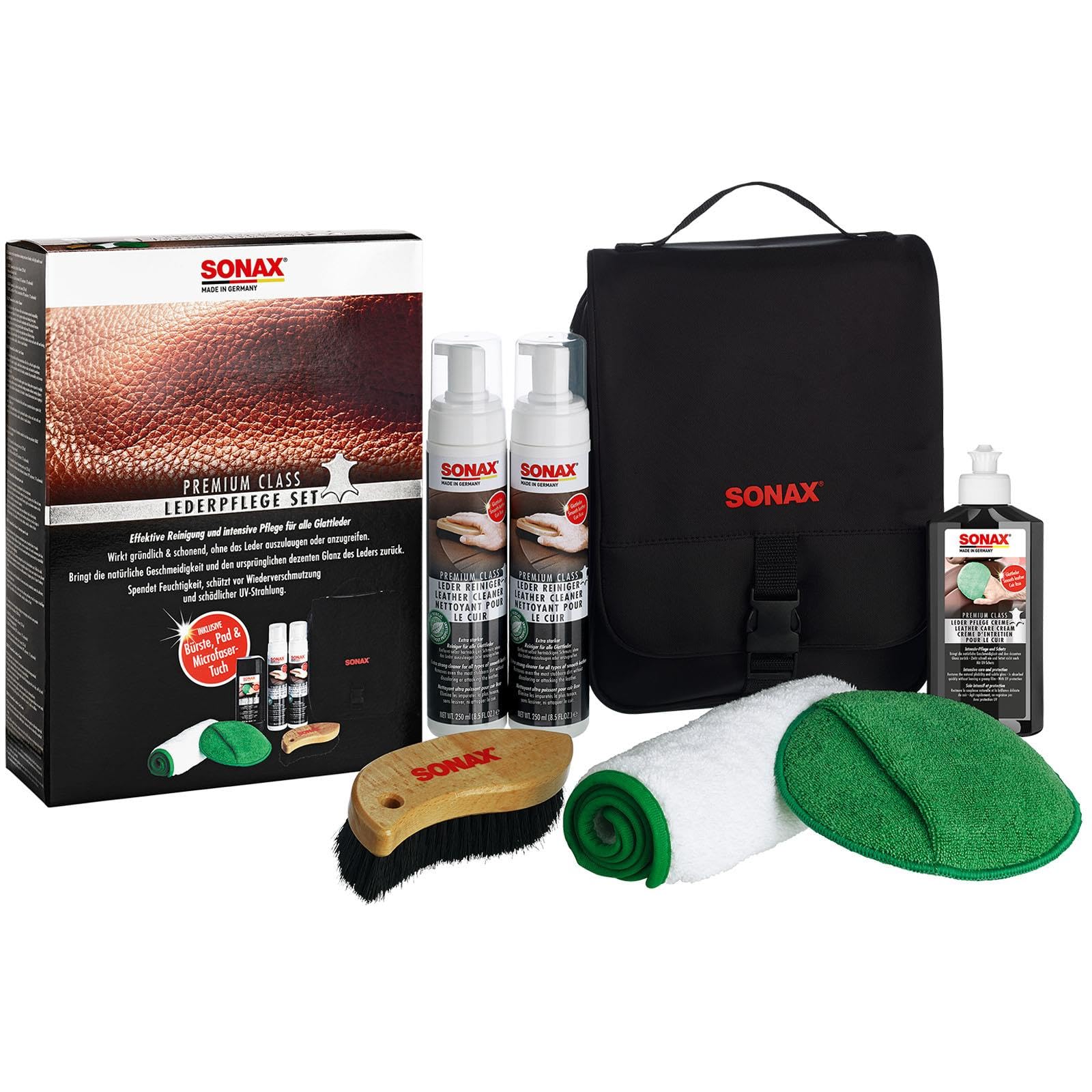 SONAX PREMIUM CLASS Leather Care Set (3 x 250 ml) limpieza efectiva y cuidados intensivos para todo tipo de cuero liso, número de artículo 02819410
