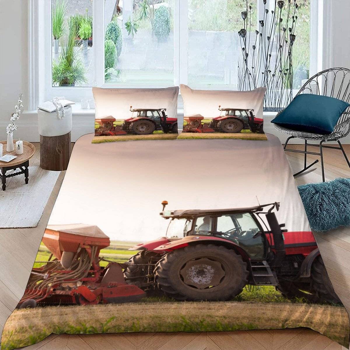 RFFLUX 3D Tractor King size Bedding Sets 3 Pieces 220x230 Ultra Soft Microfiber Farm Combine Harvester Duvet Cover with Zipper Closure Easy Care Quilt Cover with 2 Pillowcase for Adults Room Decor