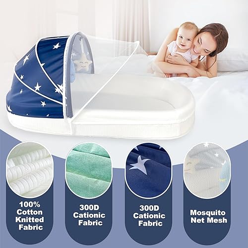 Miniatura 8 de Tumbona grande portátil para bebé, cuna de viaje, toldo y mosquitera, ligera, plegable, funda de algodón y almohadilla de colchón de apoyo, lavable