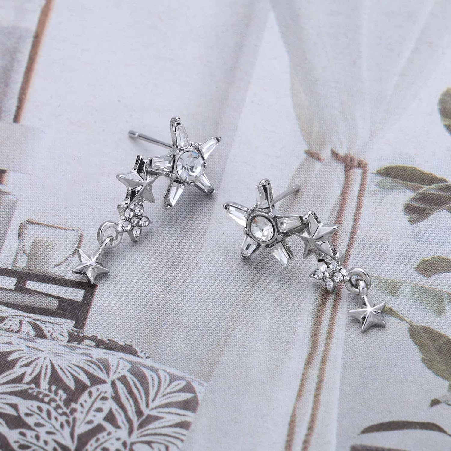 Vintage Crystal Star Stud Earrings Silver Rhinestone Star Drop Earrings Boho Cz Star Chain Earrings Sparkly Cubic Zirconia Earrings for Women - Image 5