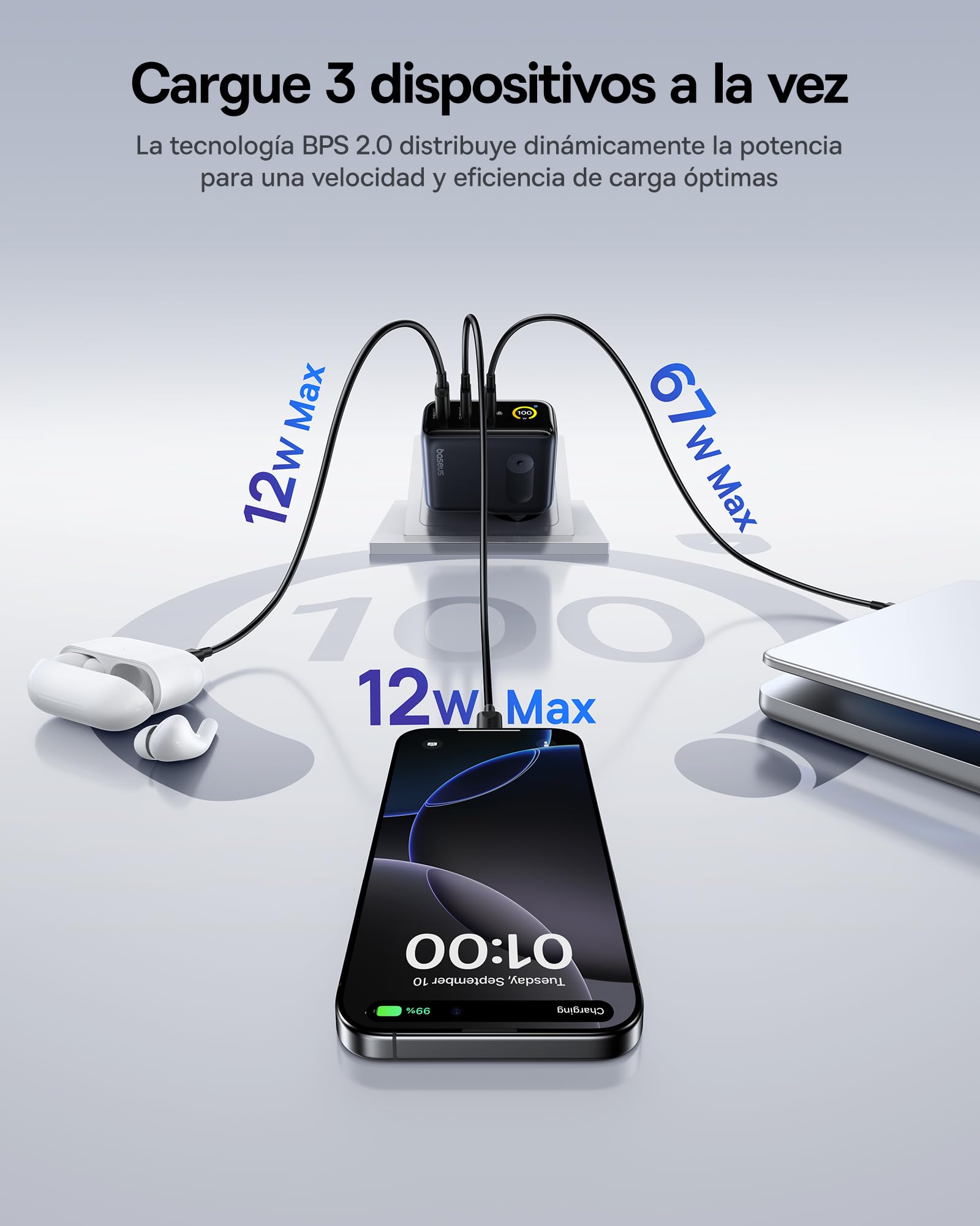 Baseus Picogo Cargador USB C de 100 W, Smart Display & Touch Control, 3 en 1 Potencia de Carga Rápida, Fuente de alimentación GaN avanzada, compatible con MacBook, iPhone 17/16/15/14, Samsung, Pixel y