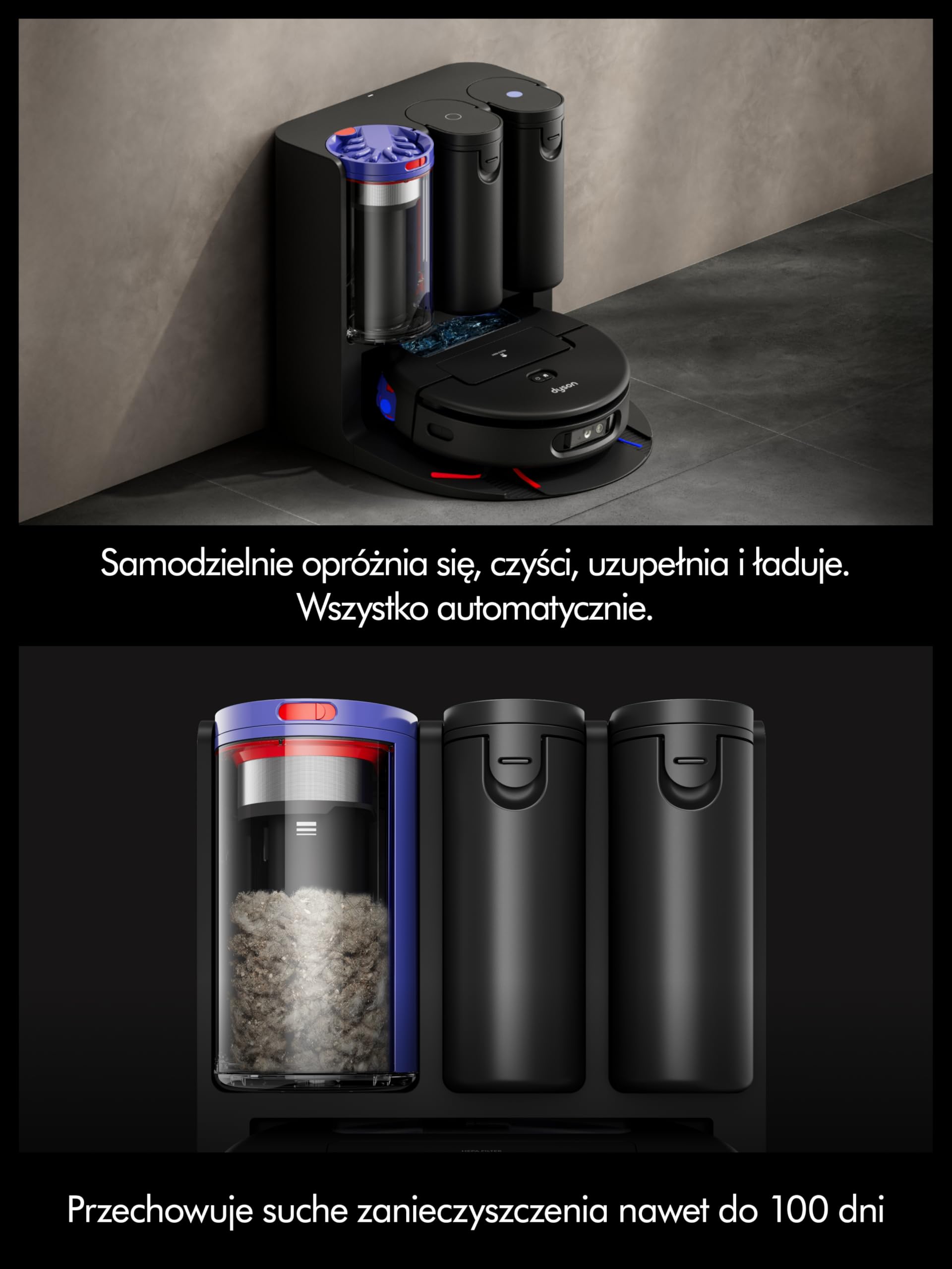 Robot odkurzający Dyson Spot+Scrub™ AI do pracy na mokro i sucho, wałek samoczyszczący, 4× większa siła ssania na dywanach, automatyczne opróżnianie, usuwanie plam za pomocą AI (Czarny/Niebieski)