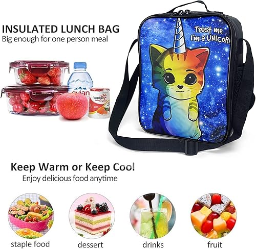 Miniatura 4 de Lonchera térmica para niños y niñas, bonita bolsa de almuerzo para gatos con correa para el hombro, lonchera bento escolar para niños pequeños y