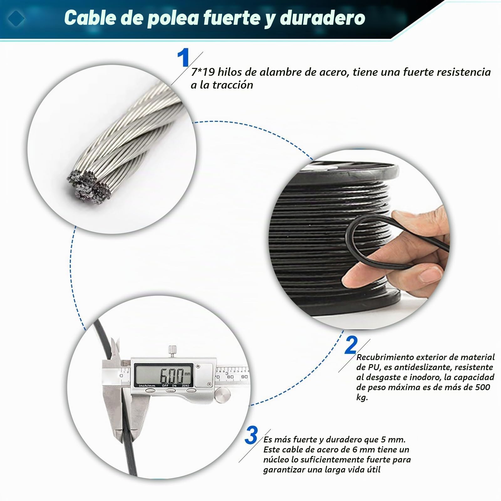 Cable de Acero para Fitness 15m 20m 25m, Cuerda de Alambre, 6mm Cuerda Gimnasio Alambre para Sistema de Polea, Cables Máquina Accesorios Gym en Casa