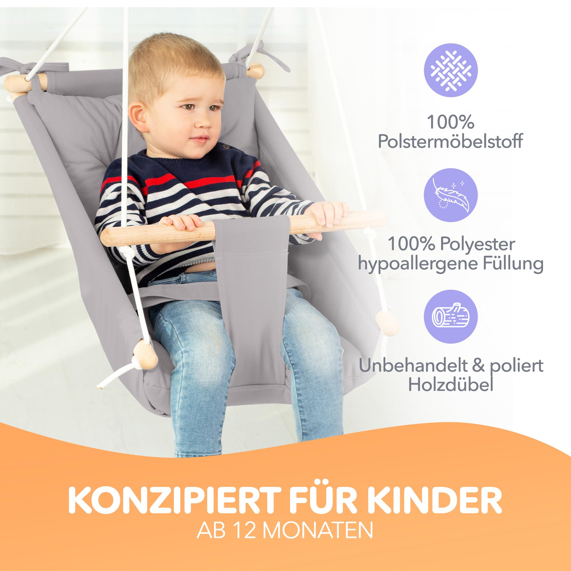 Leinwand Baby Hängematte Schaukel von Cateam - Taupegrau - Hängende Schaukel aus Holz für Baby mit Sicherheitsgurt und Montageteilen. Baby Hängemattenstuhl Geburtstagsgeschenk. (Taupegrau)