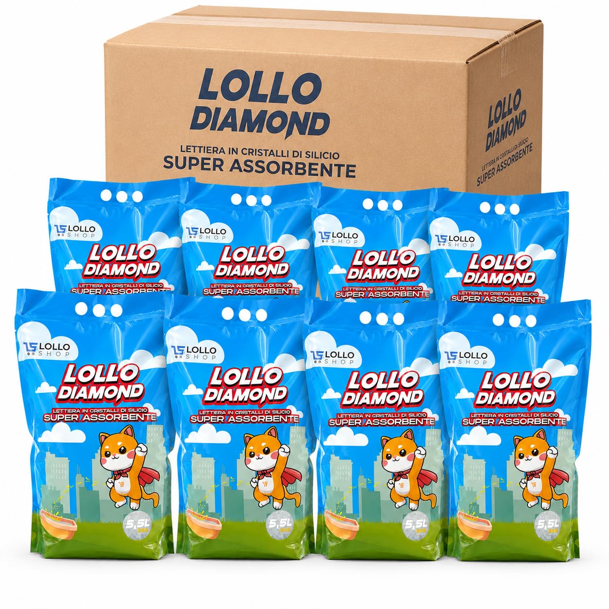 Lollo Diamond Lettiera Gatti in Cristalli di Silicio, 8 x 5,5 L, 44 Litri | Alta assorbenza, controllo degli odori e bassa polverosità; granuli delicati, ideali anche per case con più gatti