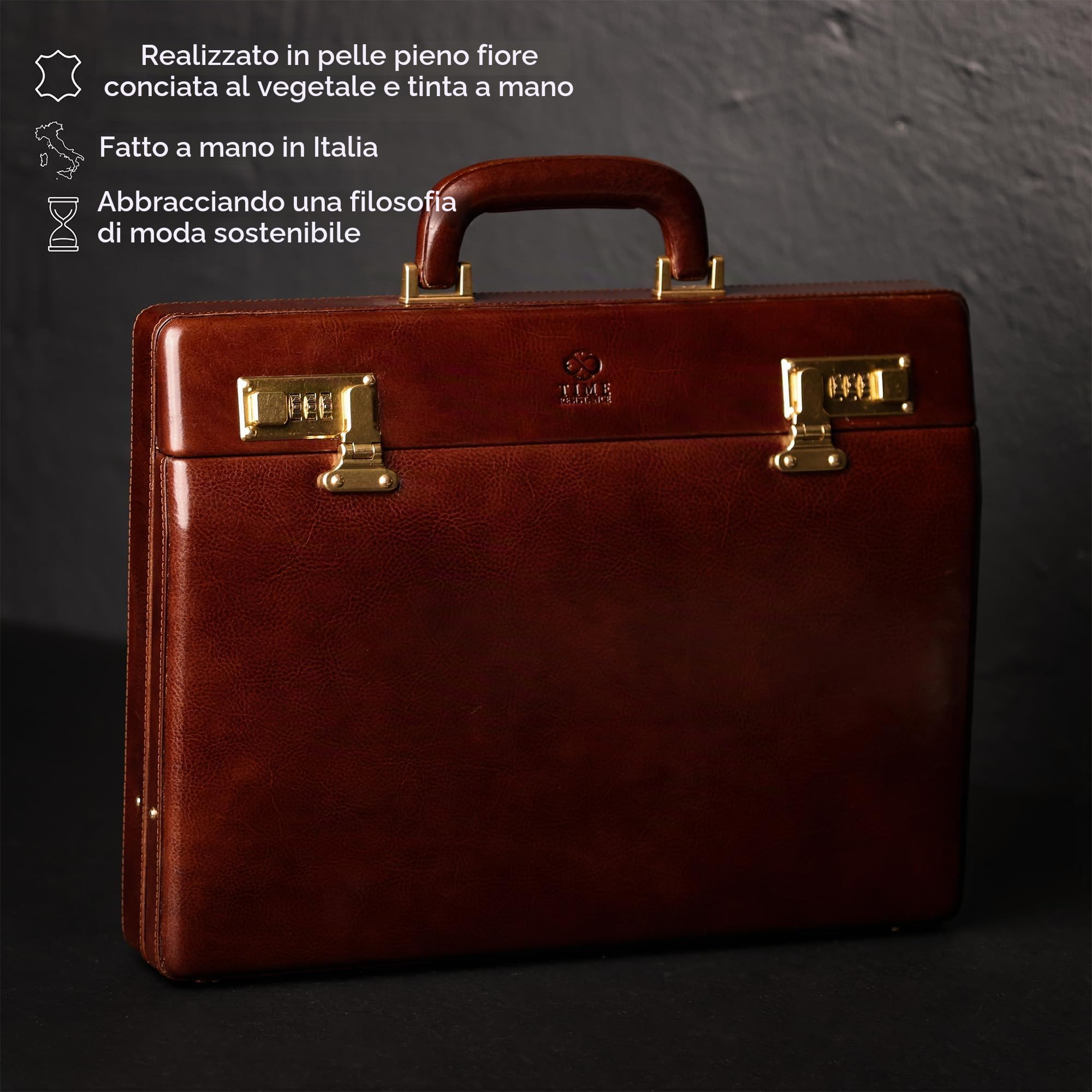 Time Resistance Valigetta in Pelle - Cartella in Pelle Italiana Pieno Fiore - Borsa per Laptop fino a 15" - Valigetta Rigida con Serratura