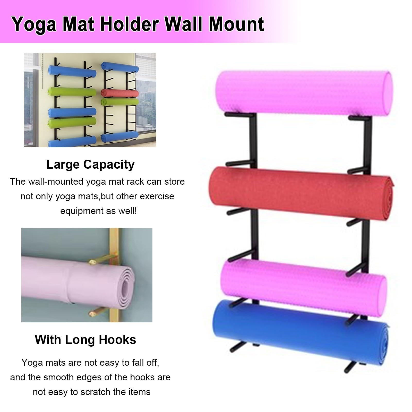 Soporte de Pared para esterillas de Yoga con Ganchos de 12 cm. Ahorra Espacio en gimnasios y Estudios de Yoga. Fácil instalación. Negro, 155 cm.