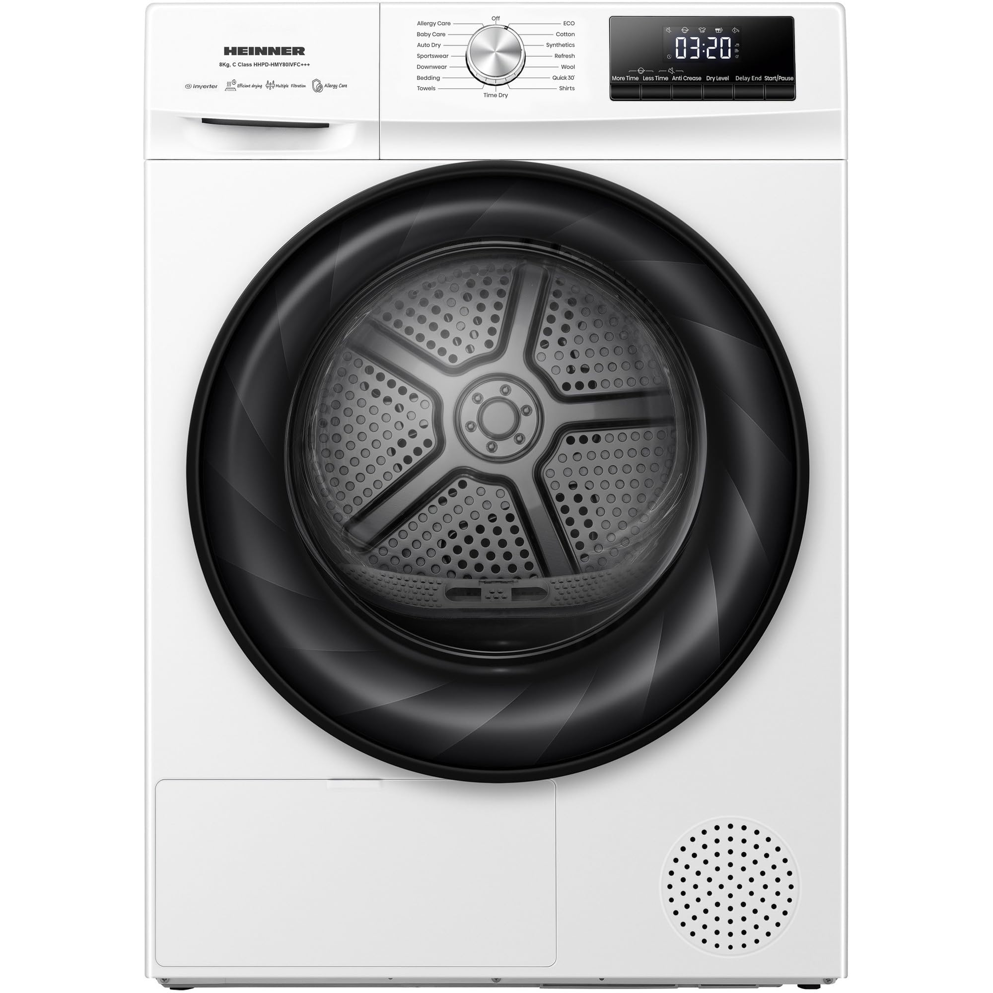 HHPD-HMY80IVFC+++ Wärmepumpentrockner – 8 kg Fassungsvermögen, Inverter-Motor, 15 Trockenprogramme, Energieeffizienzklasse C, Digitales Display, Modernes Weißes Design, 5-Jahres-Garantie