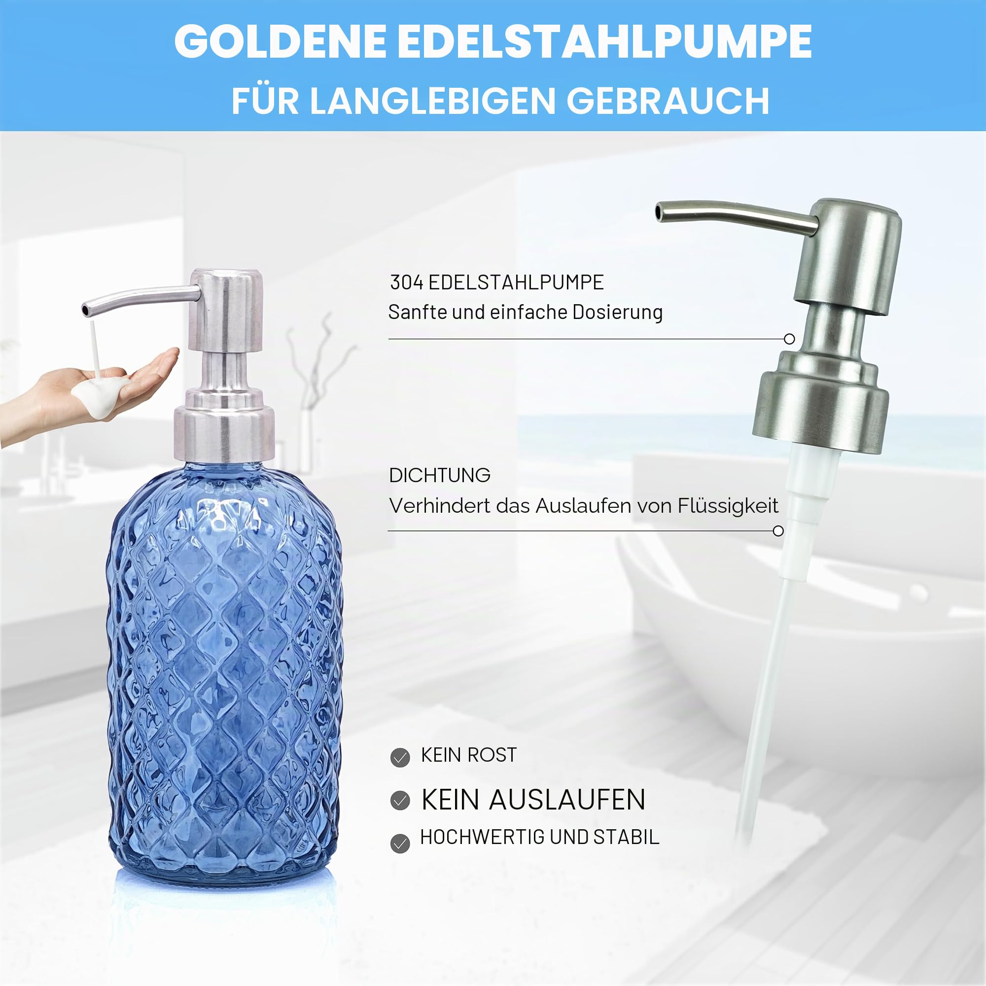 LaMarriti Blaues Badezimmer-Zubehör-Set, 4-teilig, klares Glas, Badezimmer-Zubehör-Set, Lotion-Seifenspender, Zahnbürstenhalter-Set, Seifenschale, Qtip-Halter für Moderne Baddekoration, Hellblau | Lotion Seifenspender, Zahnbürstenhalter Set, Seifenschale,