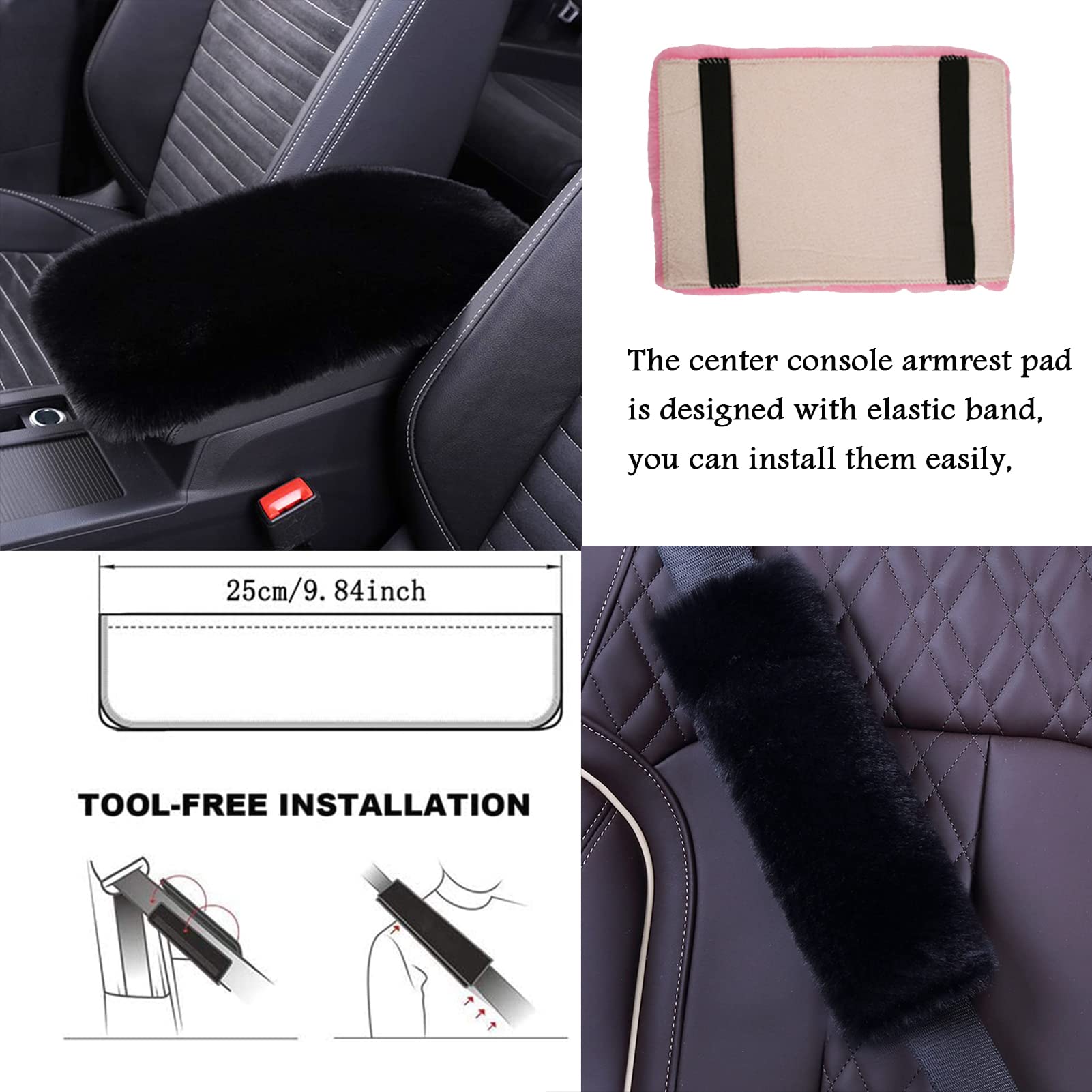 ZYNQACC Set Da 8 Accessori Auto Invernali In Morbido Peluche Rosa – CopriVolante, Freno A Mano, Cambio E Cinture