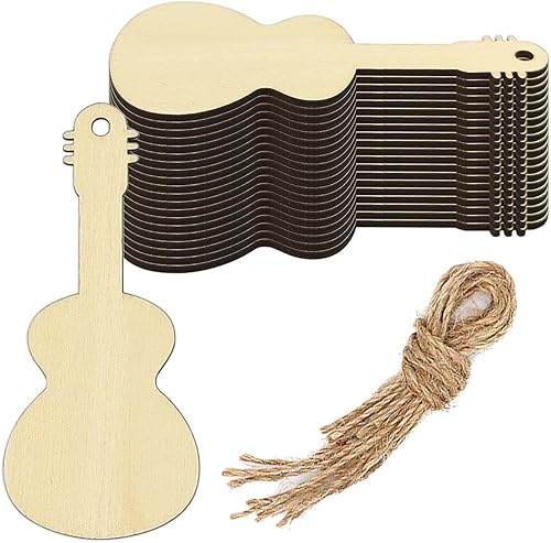 Adornos colgantes de madera con agujero para colgar en forma de guitarra de madera, etiquetas de madera para boda, cumpleaños, decoración de fiesta