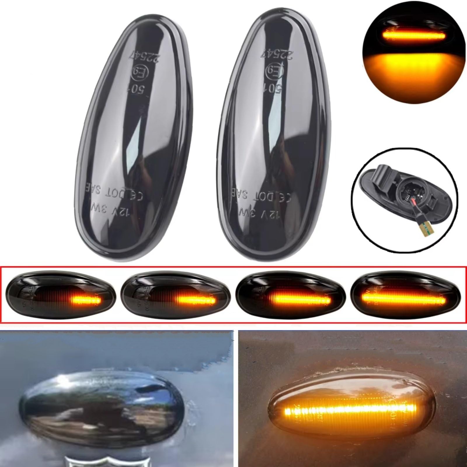 indicatori di direzione auto Compatibile Con Mitsubishi Per Galant 2003 2004 2005 2006 2007 2008 2009 2010 2011 2012 MR522027 2 Pezzi Lampade Di Segnalazione Laterali Sequenziali Dinamiche(Black)
