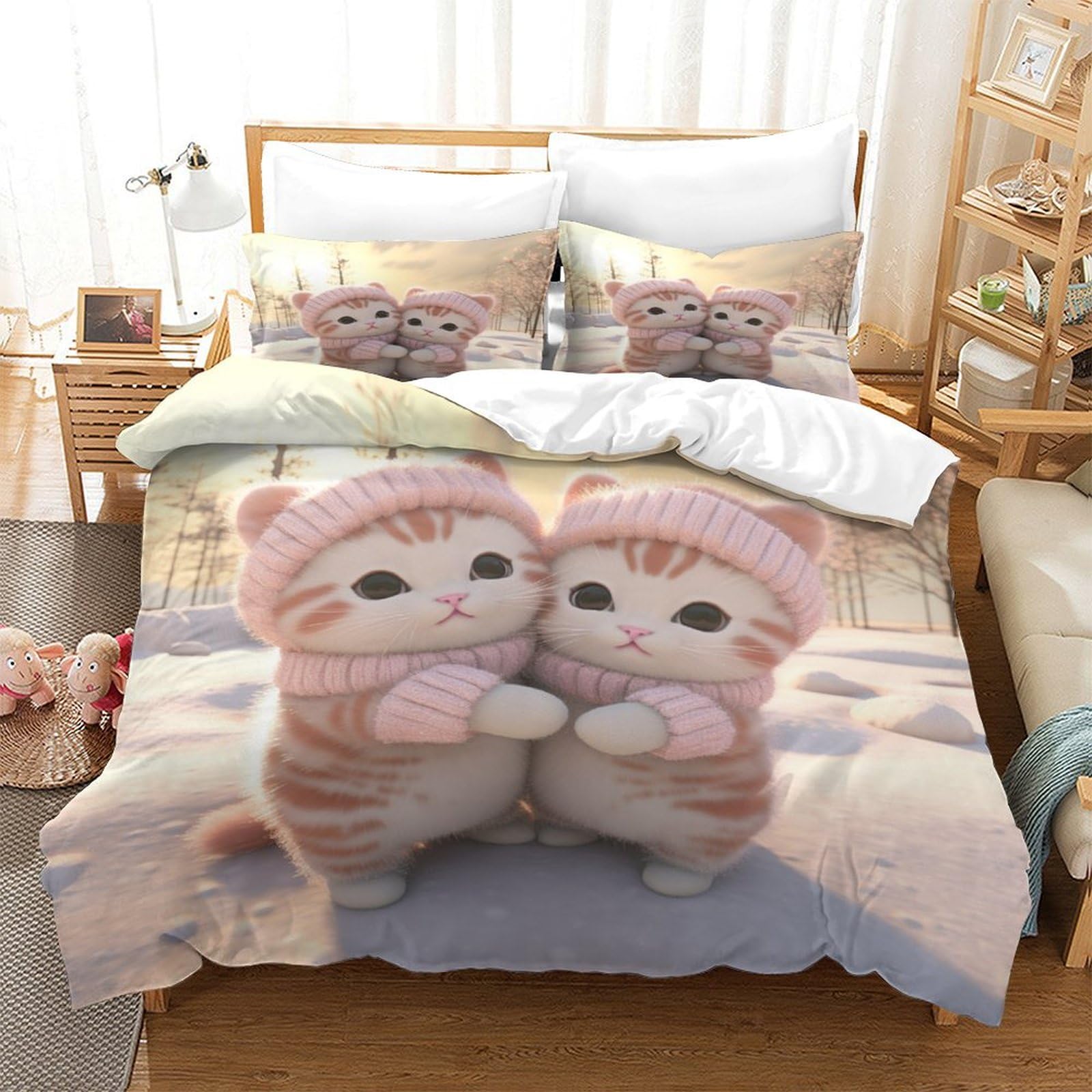 Parure de lit 260 x 220 cm motif chat avec housse de couette microfibre grand lit