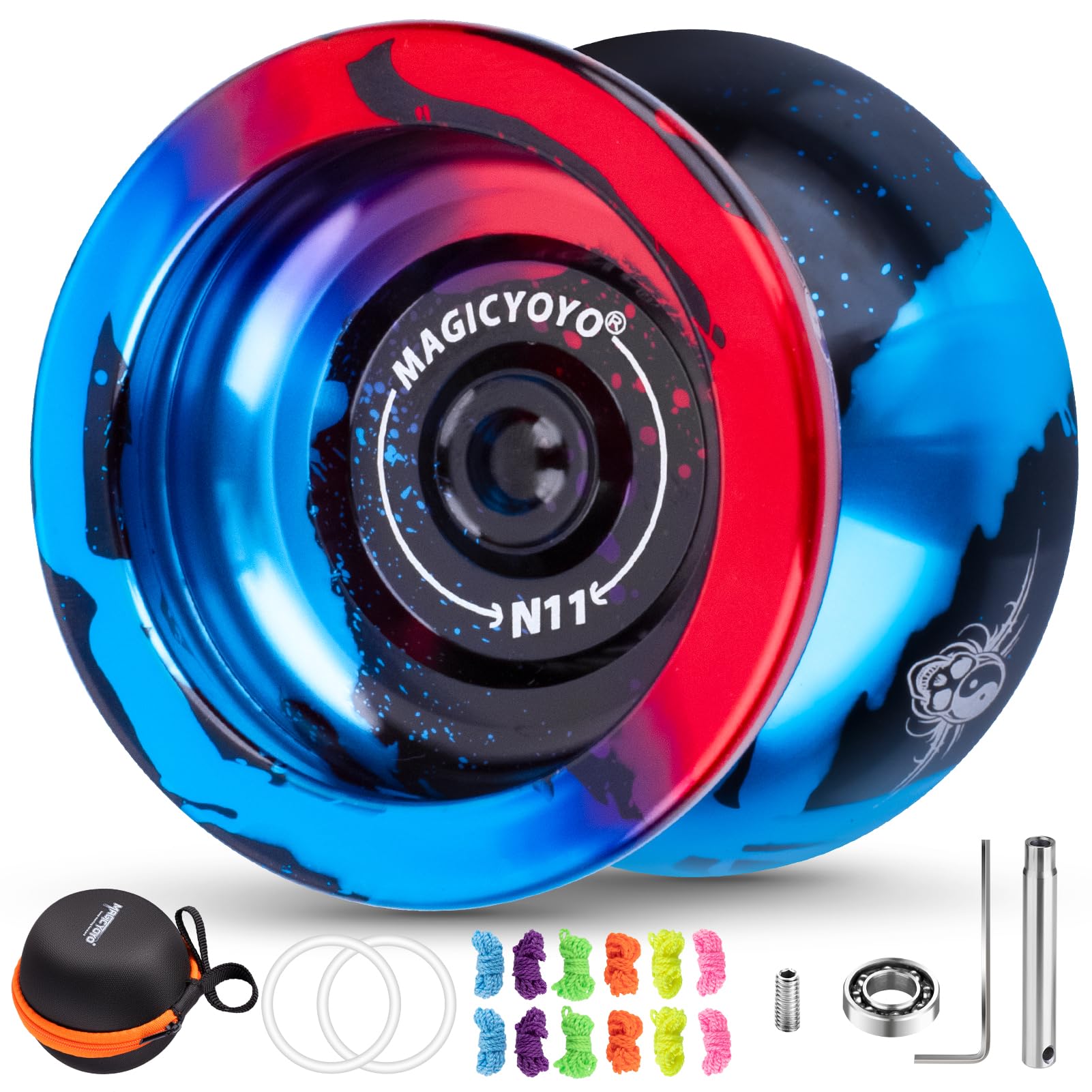 MAGICYOYOUnresponsive Yoyo N11, Professional Trick Yoyo for Adults, Responsive Yo-yo for Kids Beginners, Dual Purpose Magic Yo Yo with 12 Strings, Bearing Kit, Case (Black Blue Red)