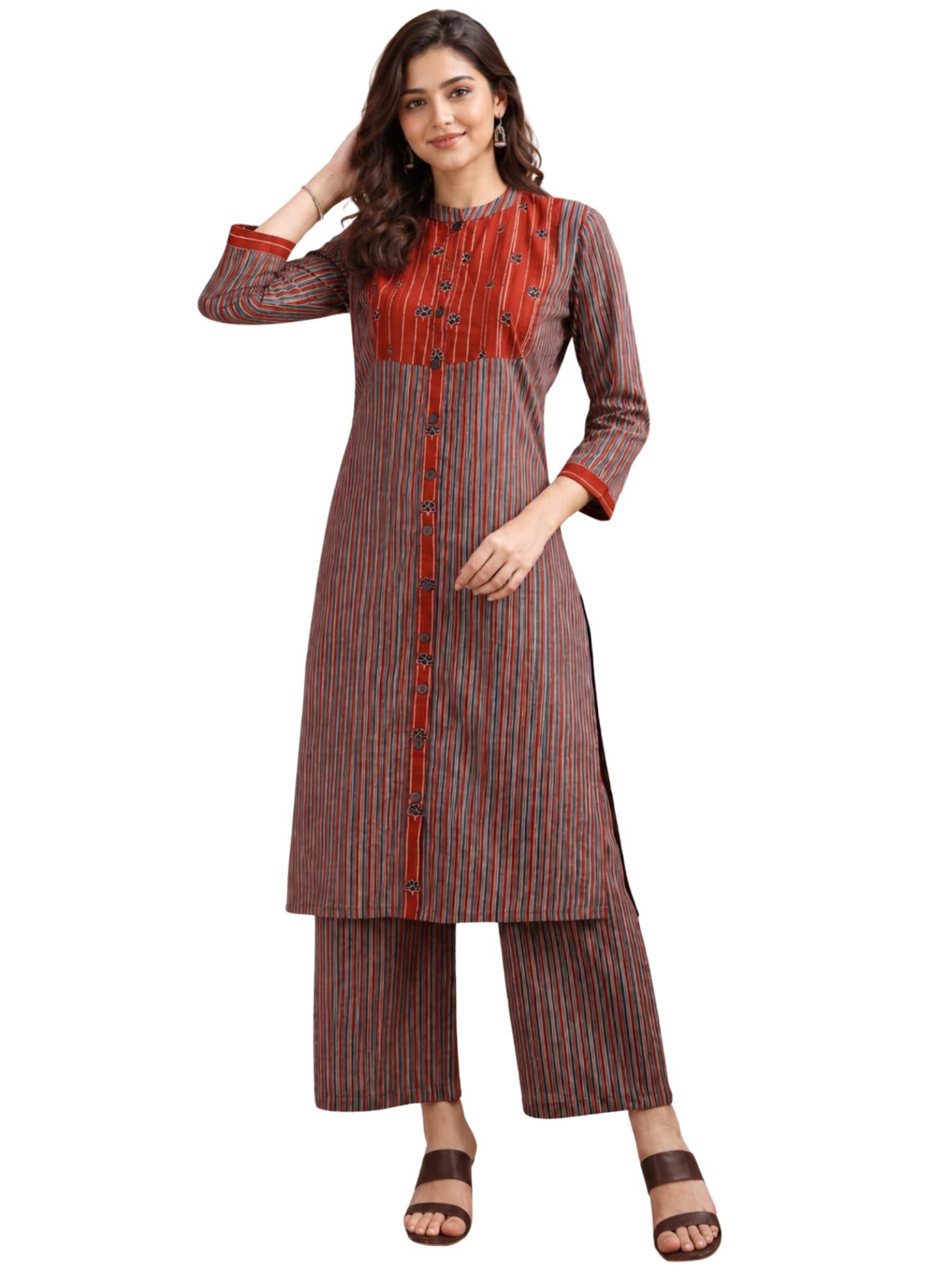 saanjh Classic Light Blue Pure Cambric Cotton Printed Striped Straight Kurta Kurta with Pant-picture-25
