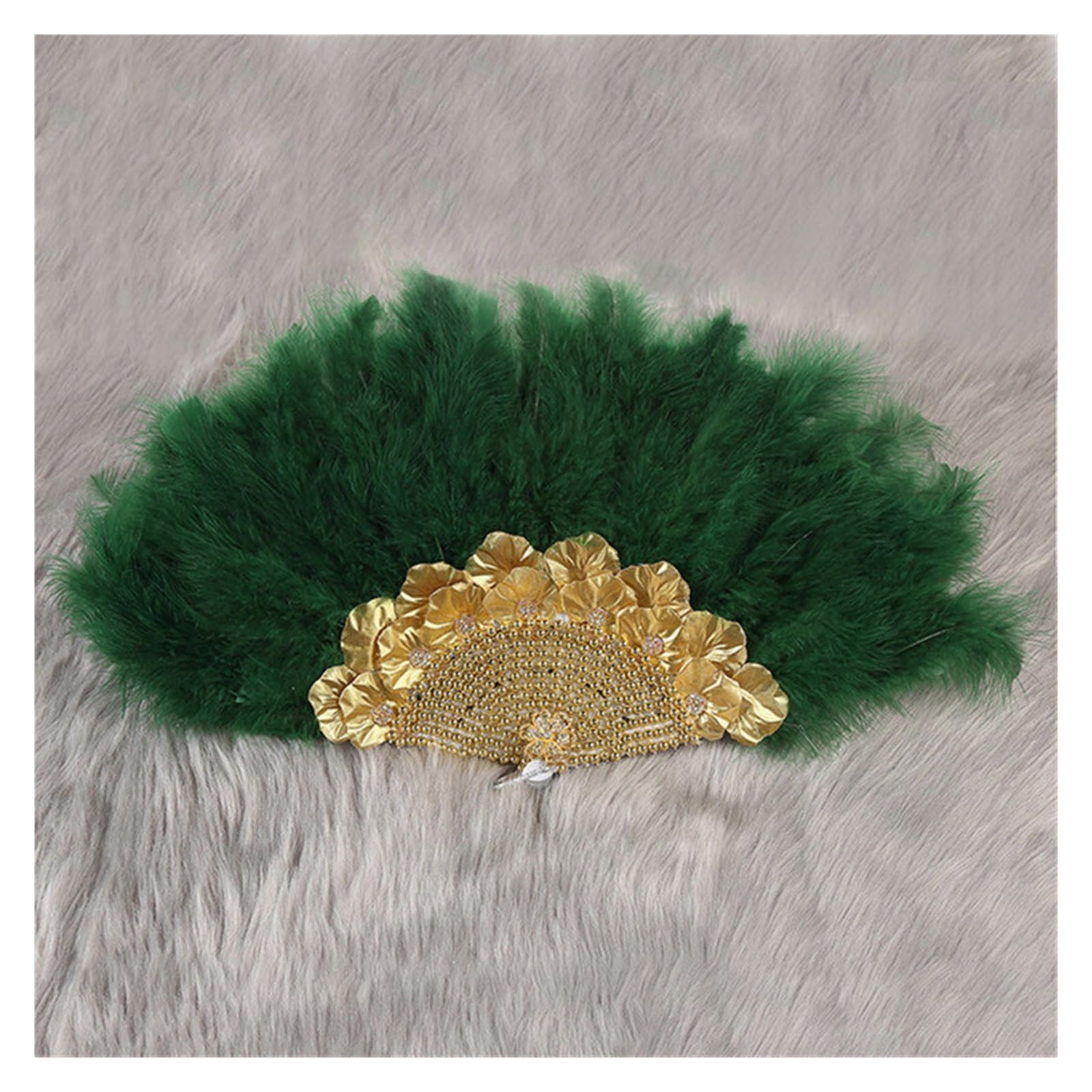 Abanico de mano plumas artesanales de pavo africano y avestruz color verde