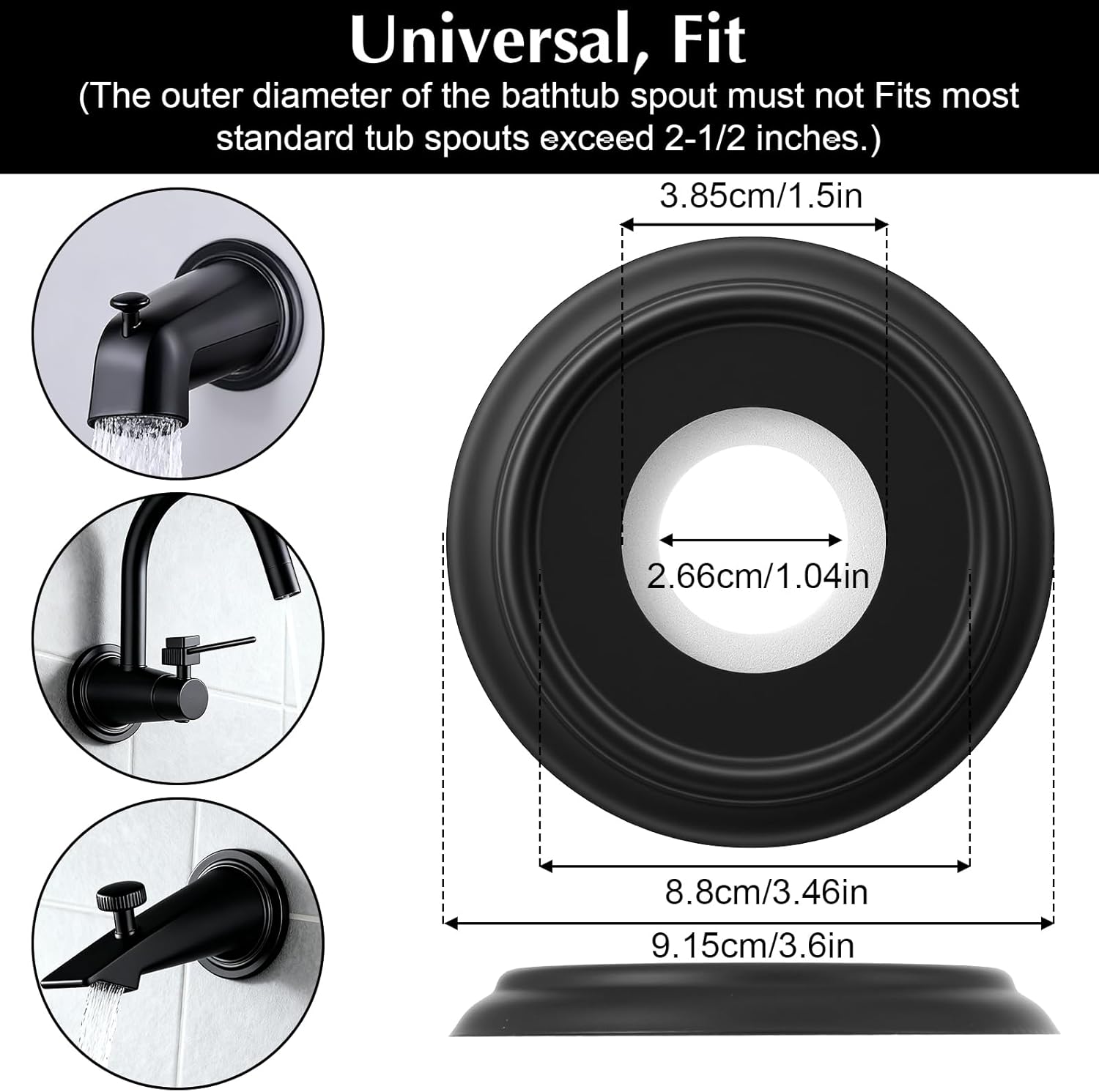 Metal Tub Spout Cover Ring, Bathtub Spout Plate Ring with Foam Gasket, Bathtub Spouts Cover 1-1/2 Inch ID and 3-7/16 Inch OD(Black)